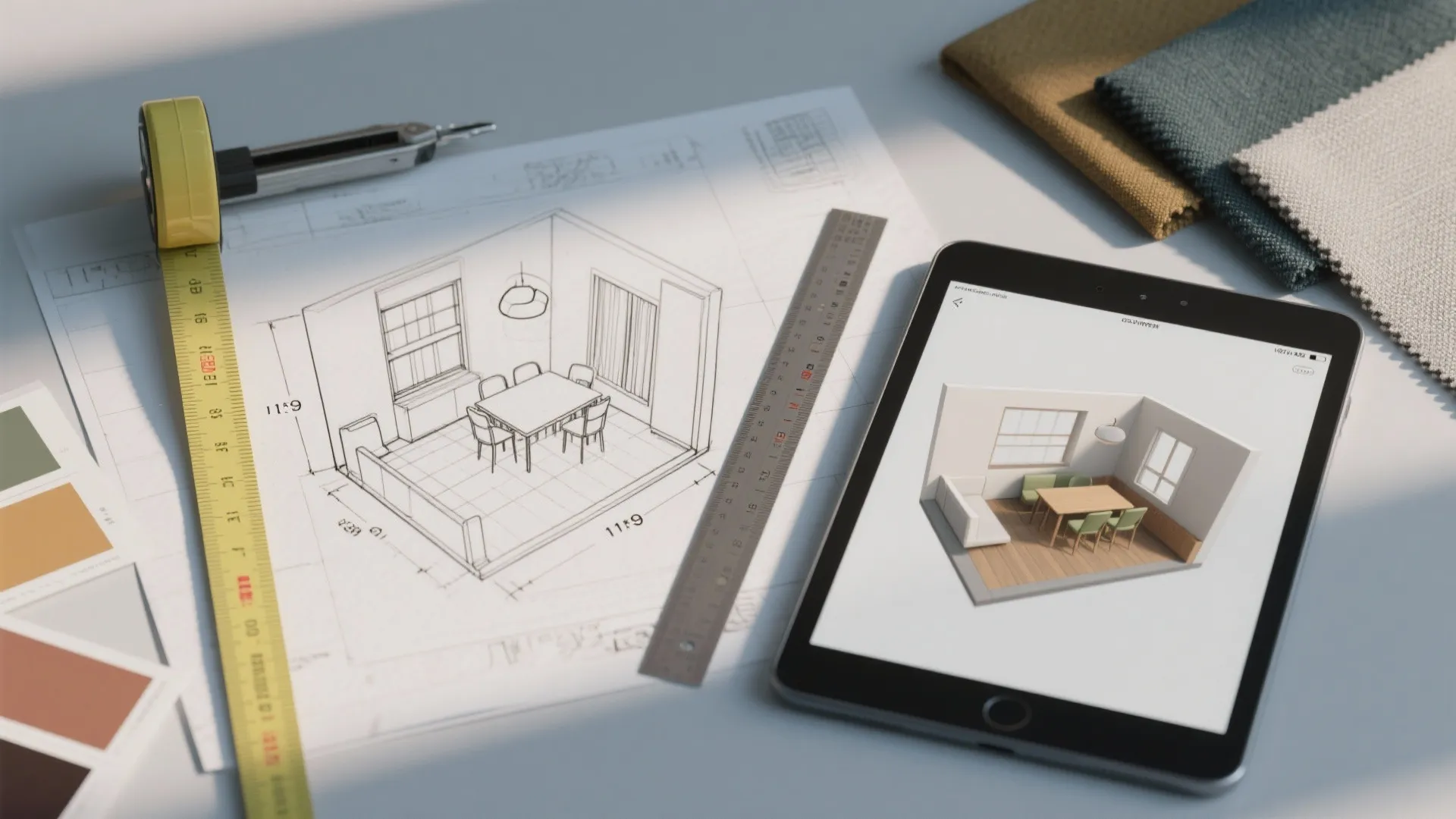 Interior design drawing on paper next to a tablet showing a three dimensional room model