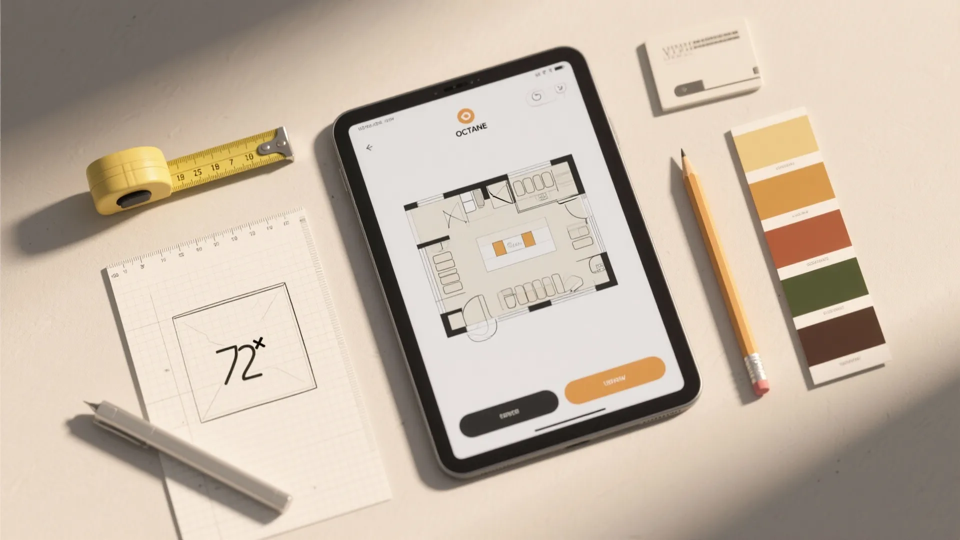 Tablet displaying room layout design with pencil yellow measuring tape and colorful interior design samples