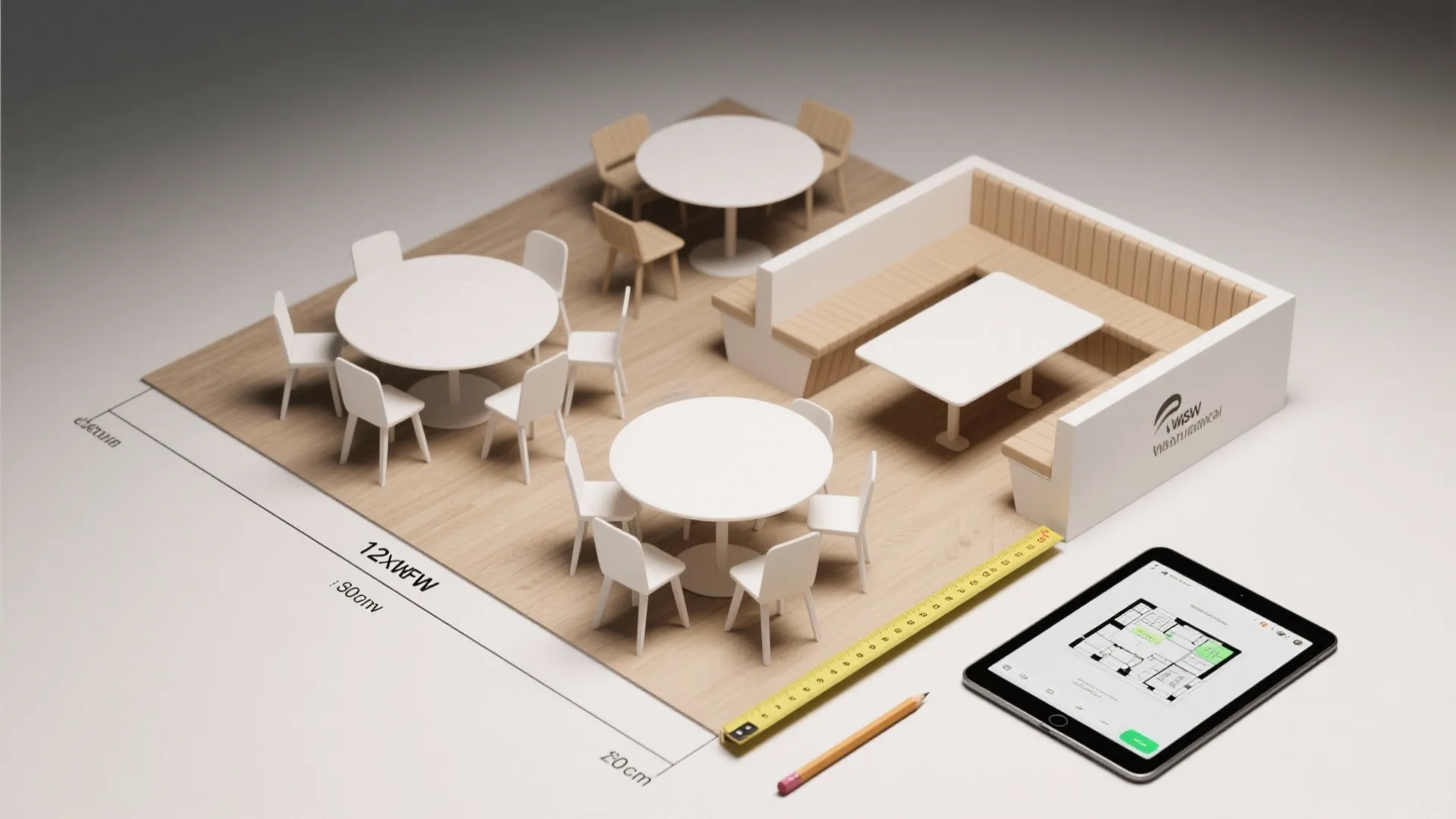 Small 3D room model with dining tables and sofa near a tablet showing floor plan