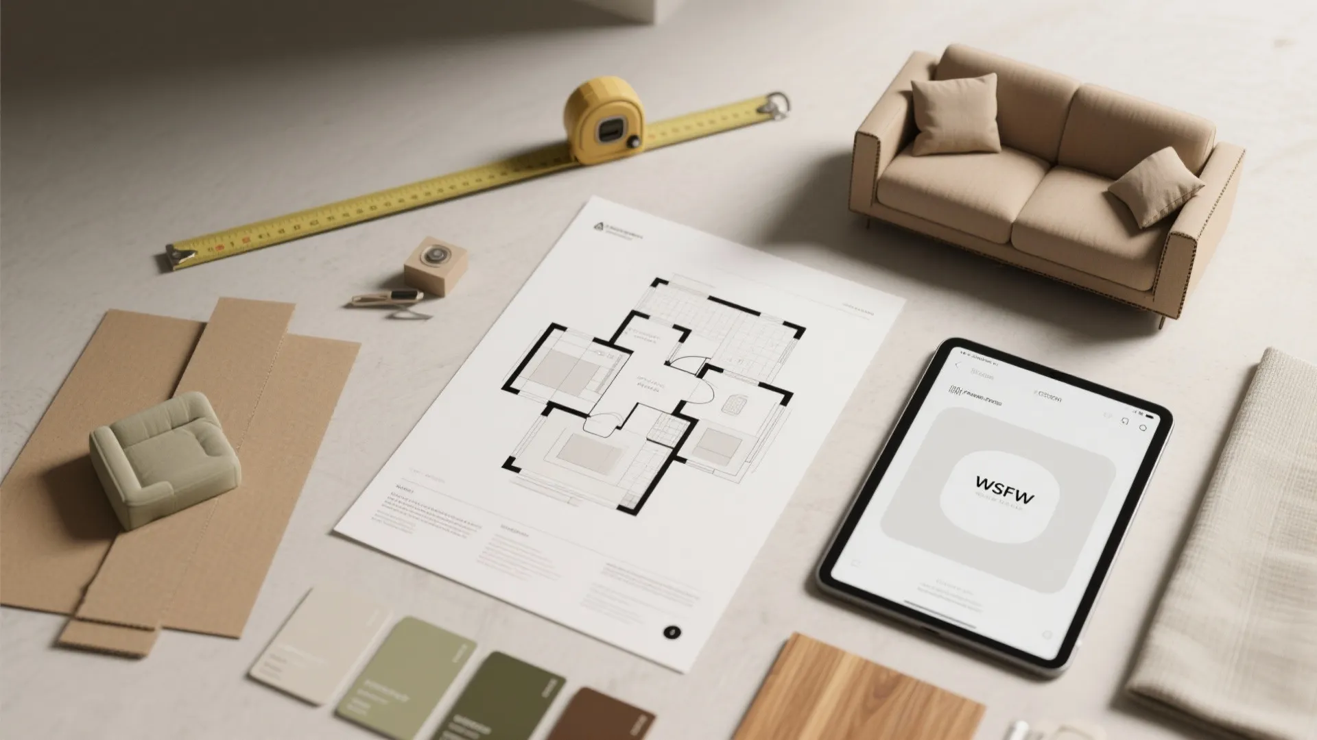 Floor plan paper on a table with tape measure tablet small sofa model and color