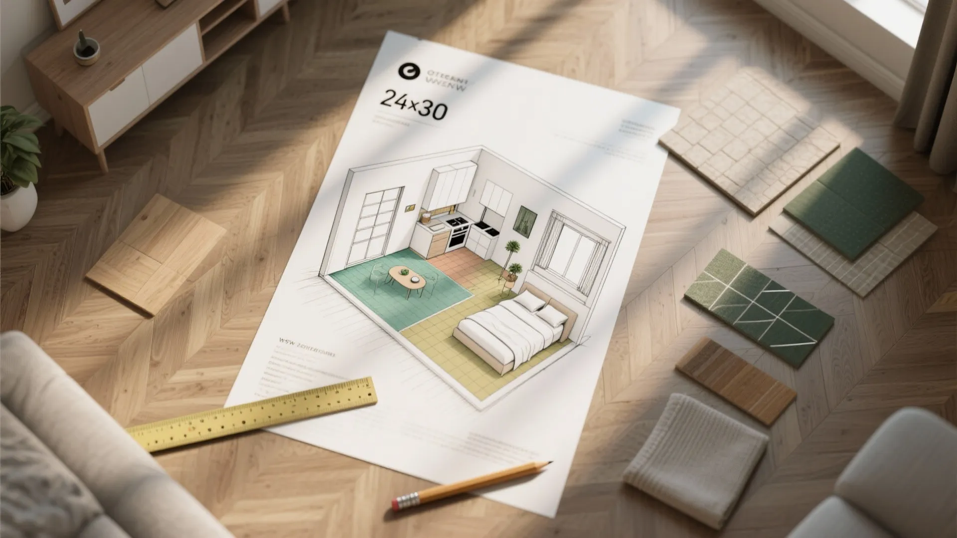 Interior design drawing on wooden floor surrounded by material samples a ruler and a pencil