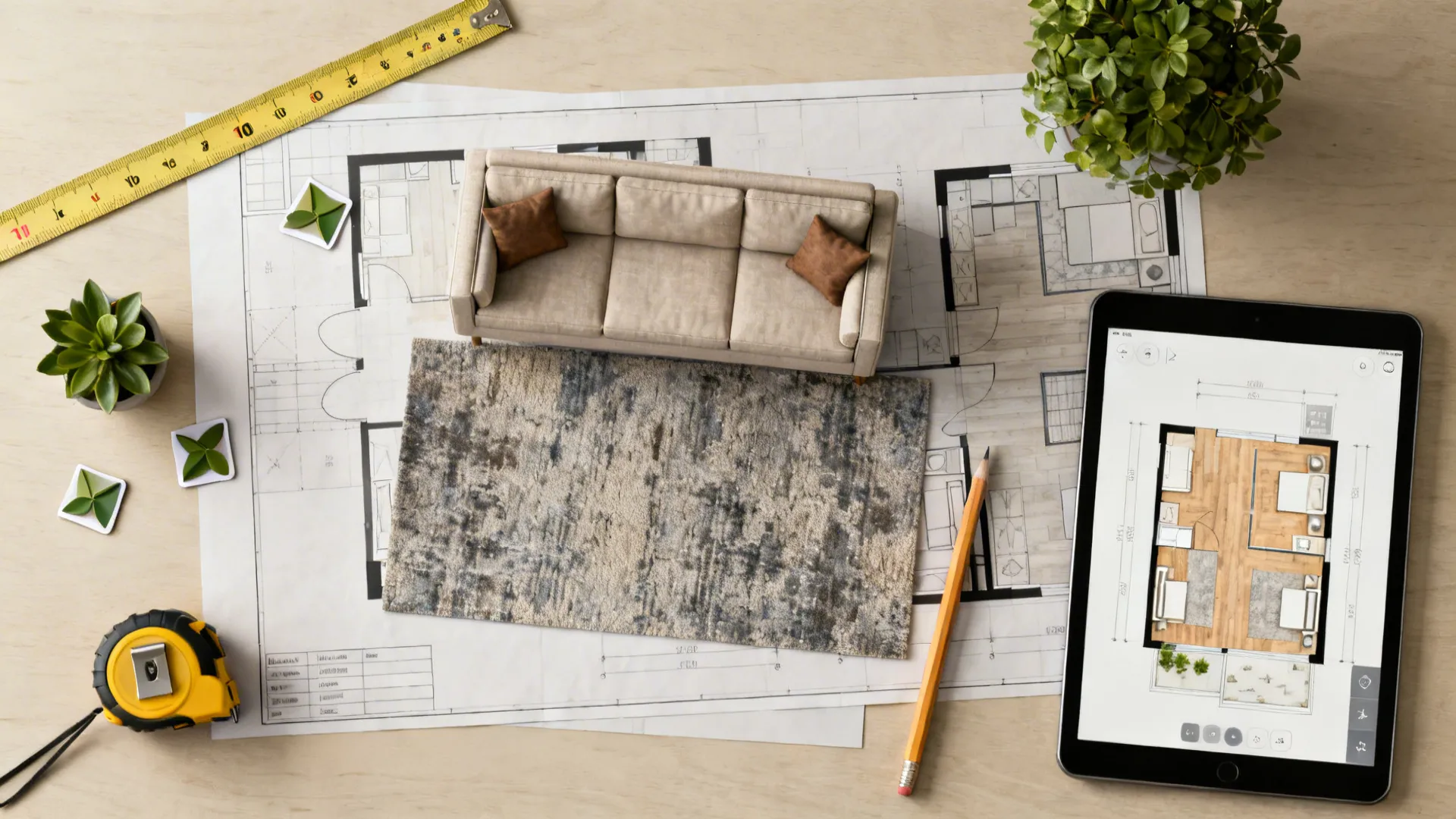 Flatlay of a floor plan mockup with sofa and rug cutouts and a tablet room planner.