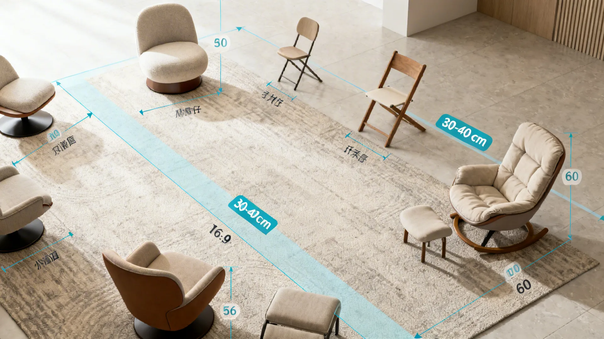 Top-down floor plan mockup showing chair placement and clearance recommendations for a tiny living room.