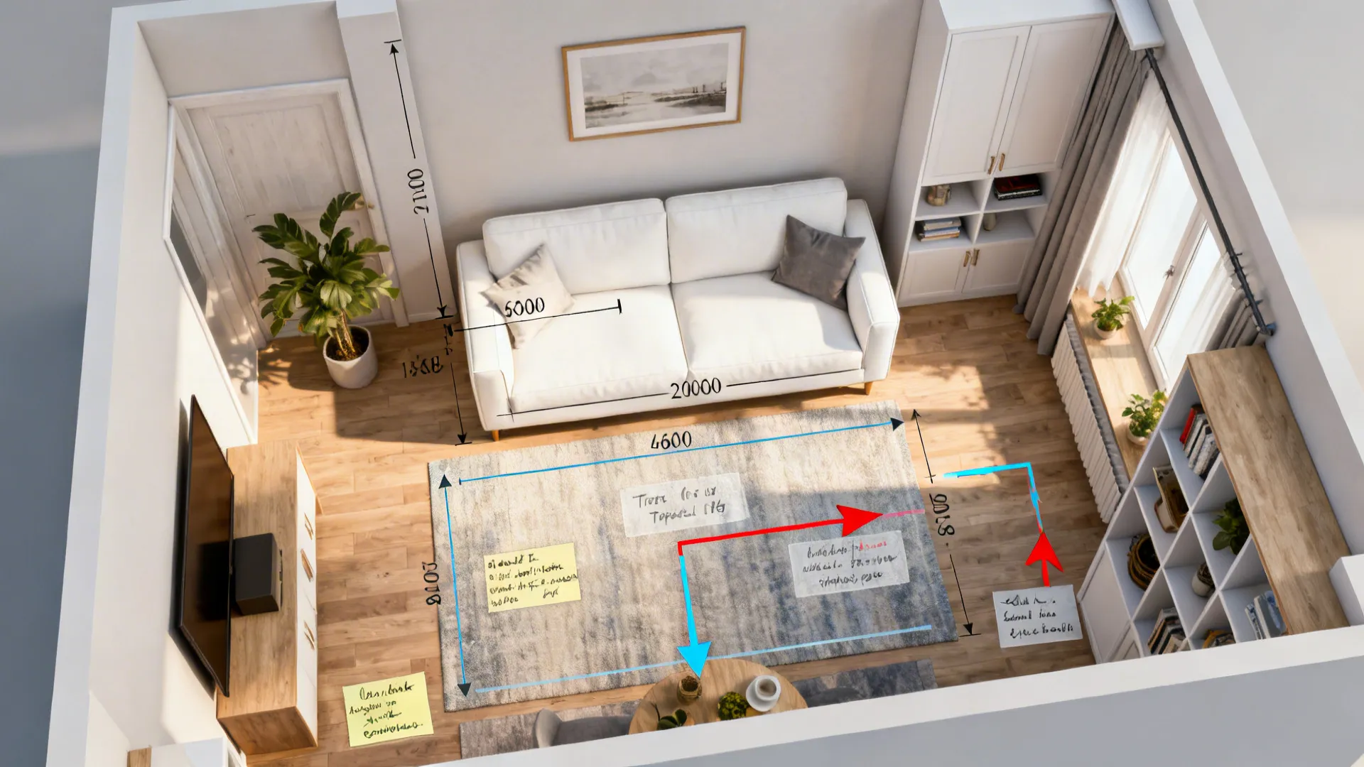 Top-down floor plan showing white sofa placement, rug sizing and traffic flow guidance.