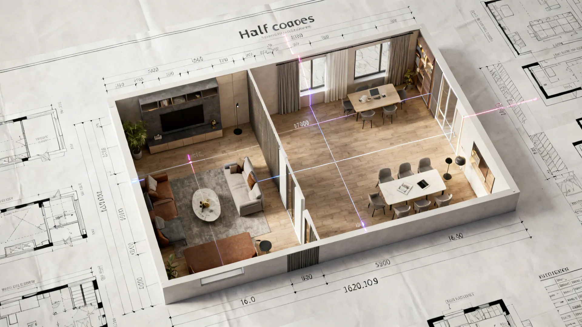 3D interior design drawing showing a living room and dining area placed on top of blueprints