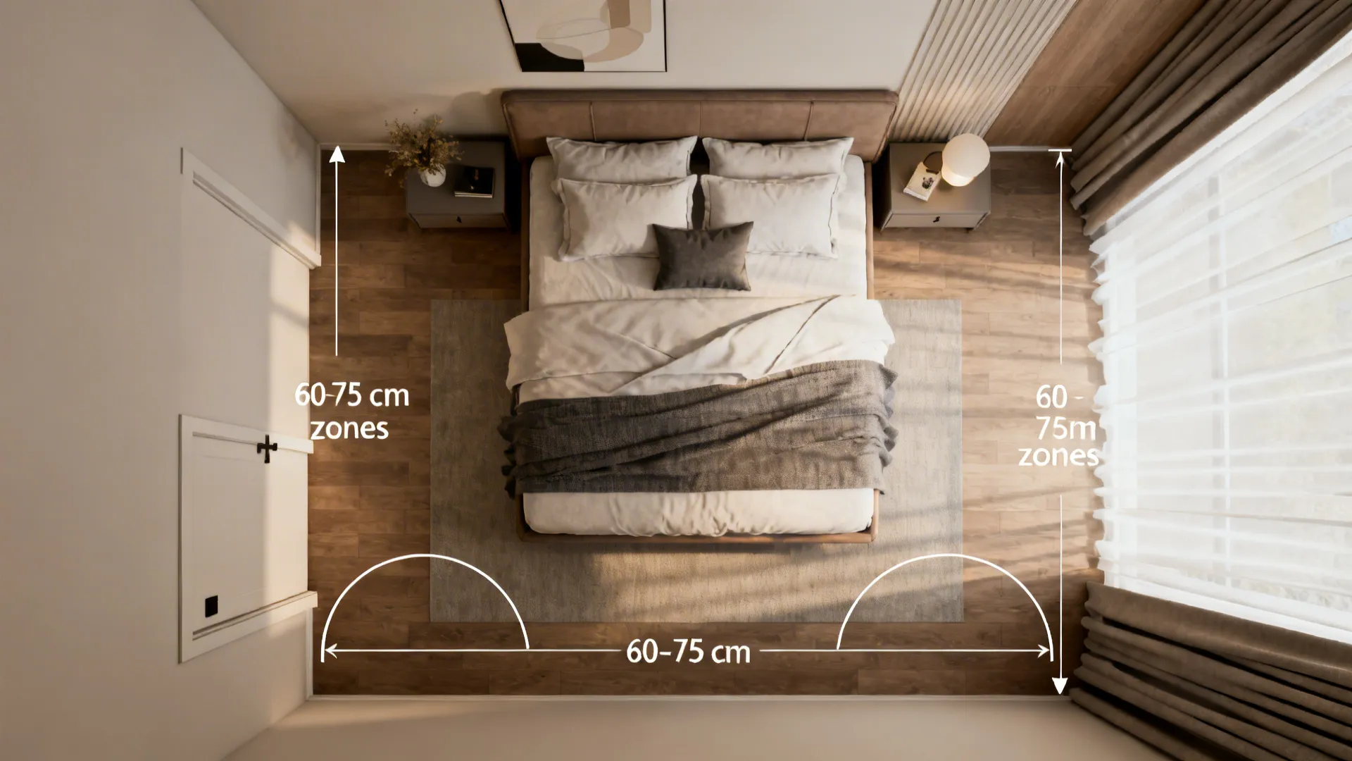 Top-down layout showing king bed placement, door swing and recommended clearance zones