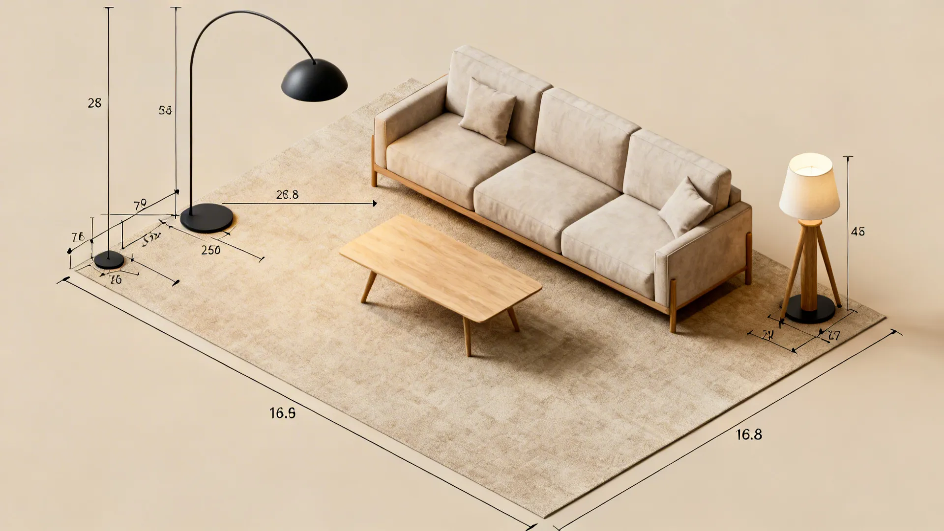 Top-down floor plan mockup showing lamp base clearances and optimal placements in a small living room.