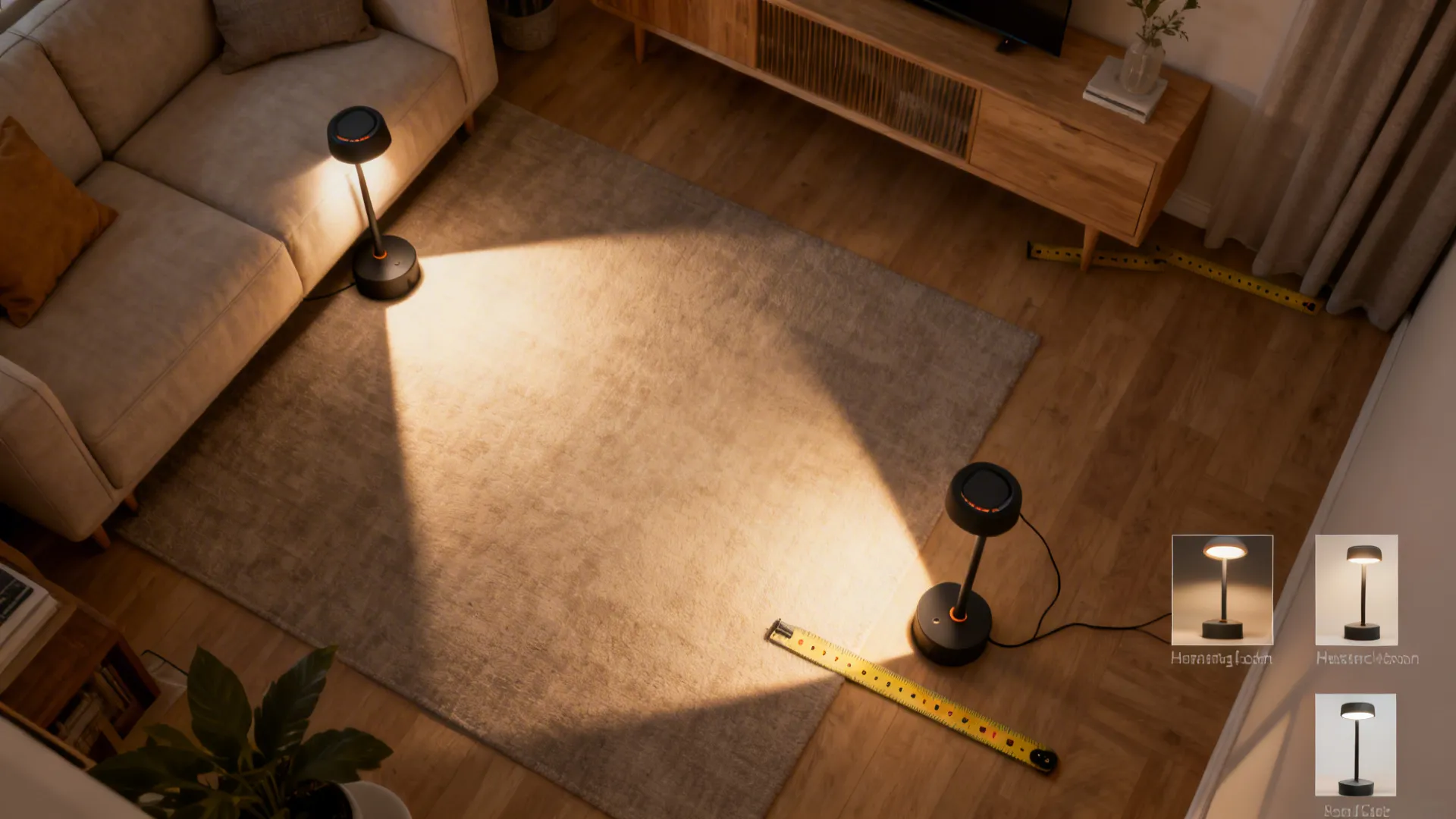 Top-down mockup floor plan showing rechargeable lamp placements and light spread in a small living room