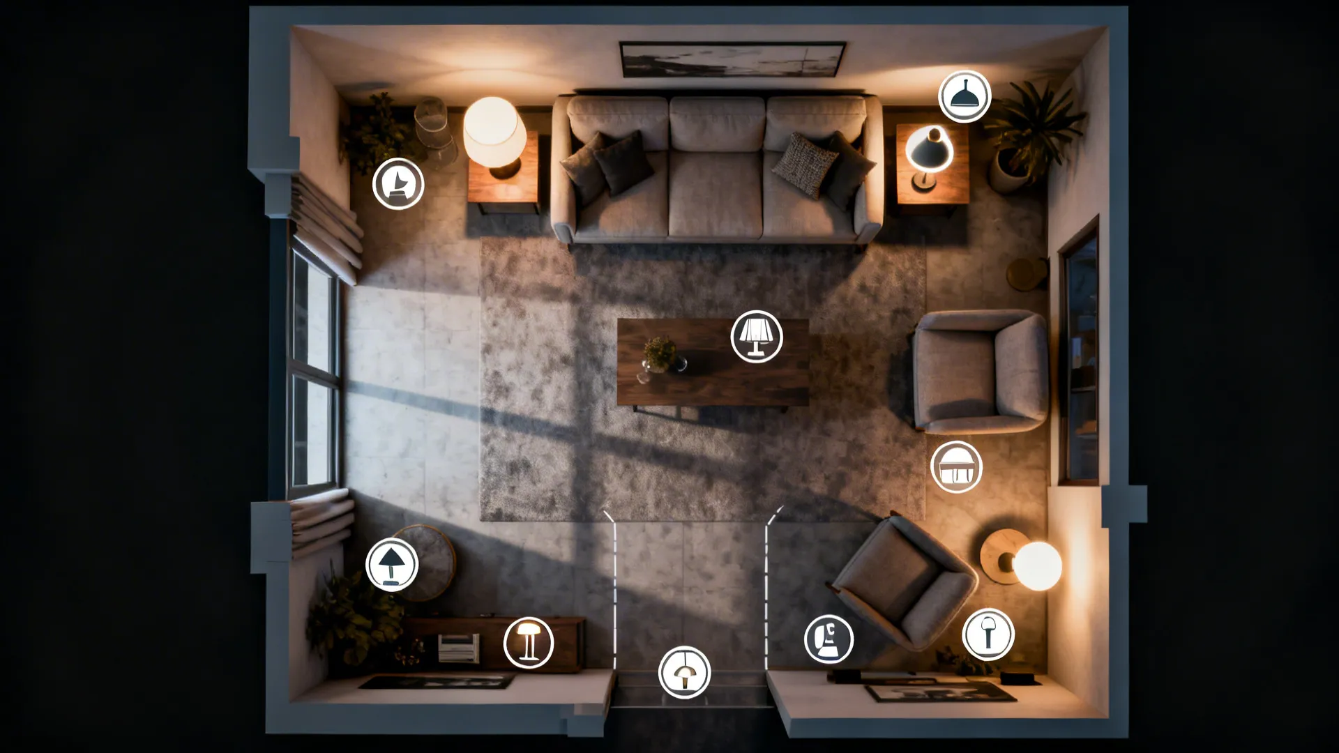 Top-down floorplan illustrating lamp placement zones for ambient, task, and accent lighting in a small living room.