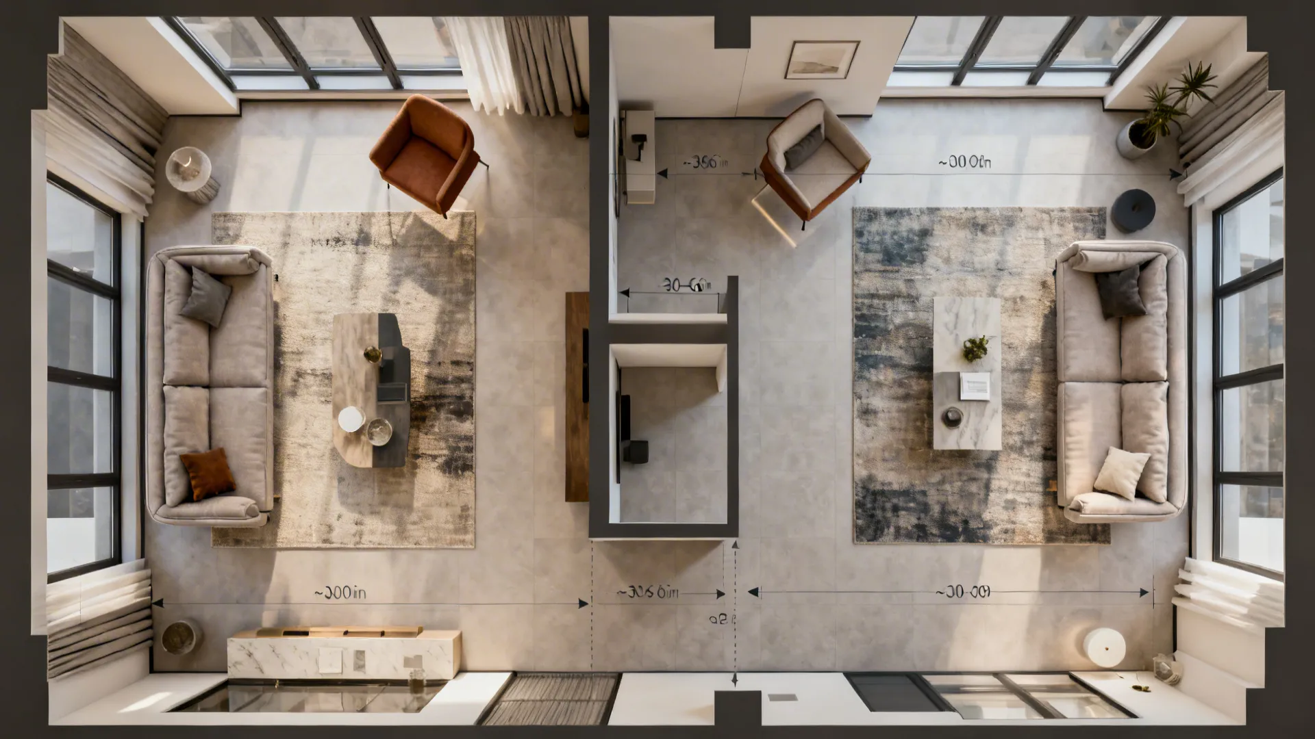 Top-down floorplan showing layout options and circulation paths for two seating areas