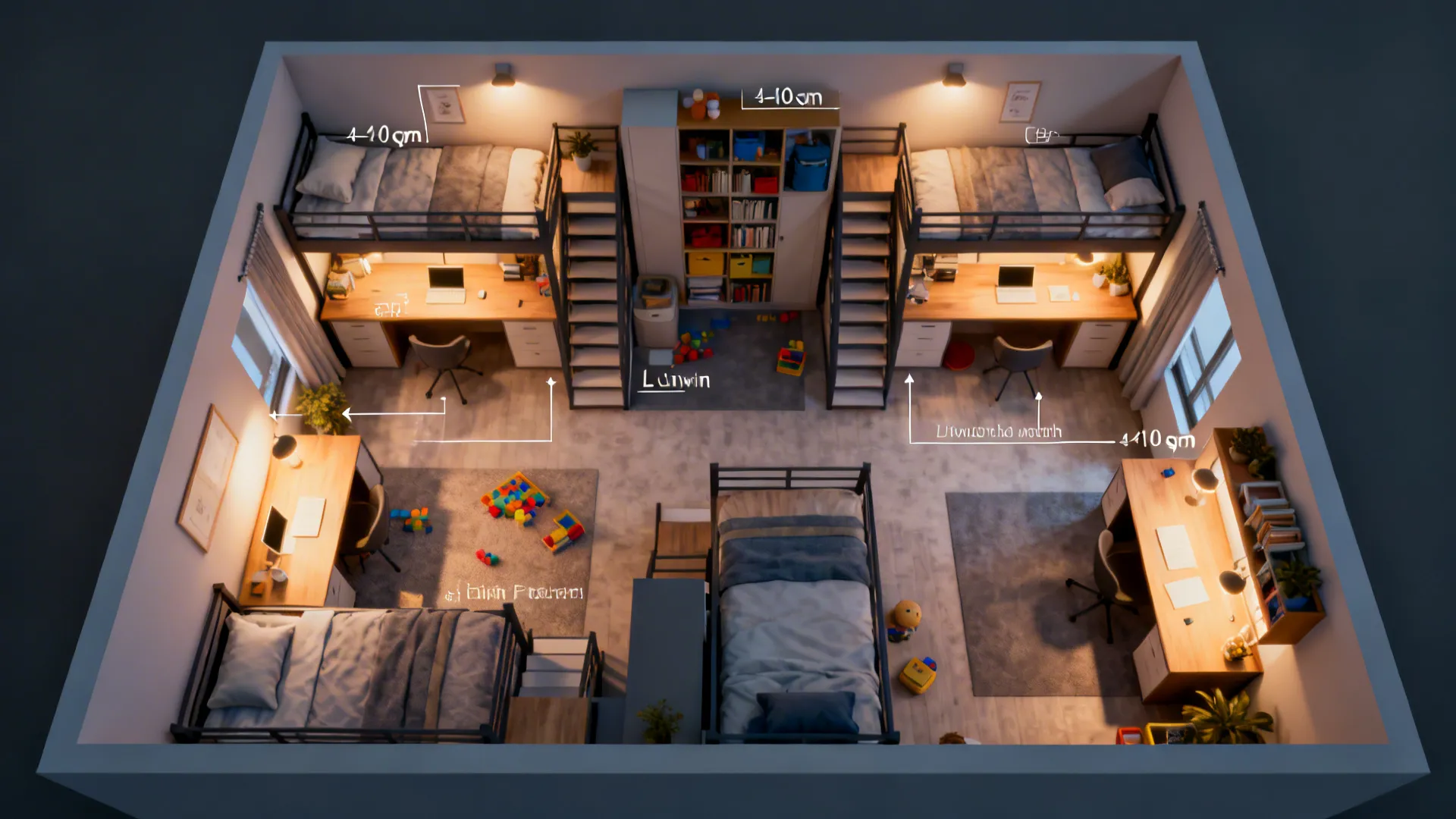 Interior design drawing showing a shared bedroom layout with bunk beds desks stairs and storage units