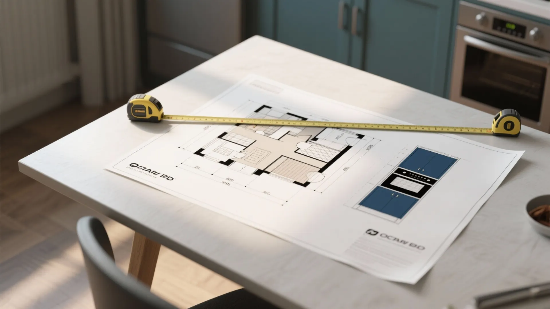3D floor plan and measurements for kitchen circulation and appliance clearances with navy cabinet sketches