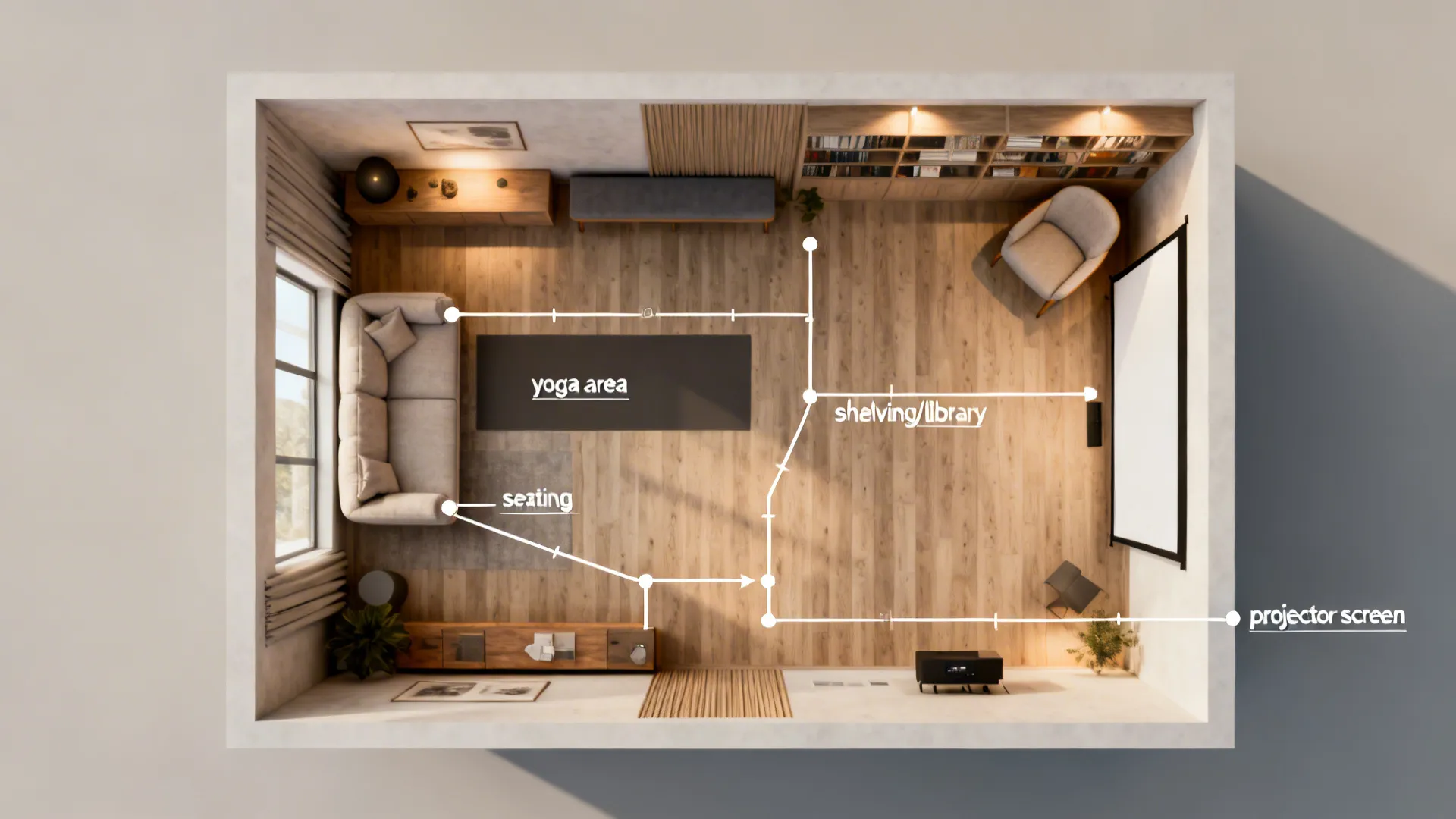 Top-down floor-plan render of a living room with measured zones and circulation paths for yoga, seating, and library.