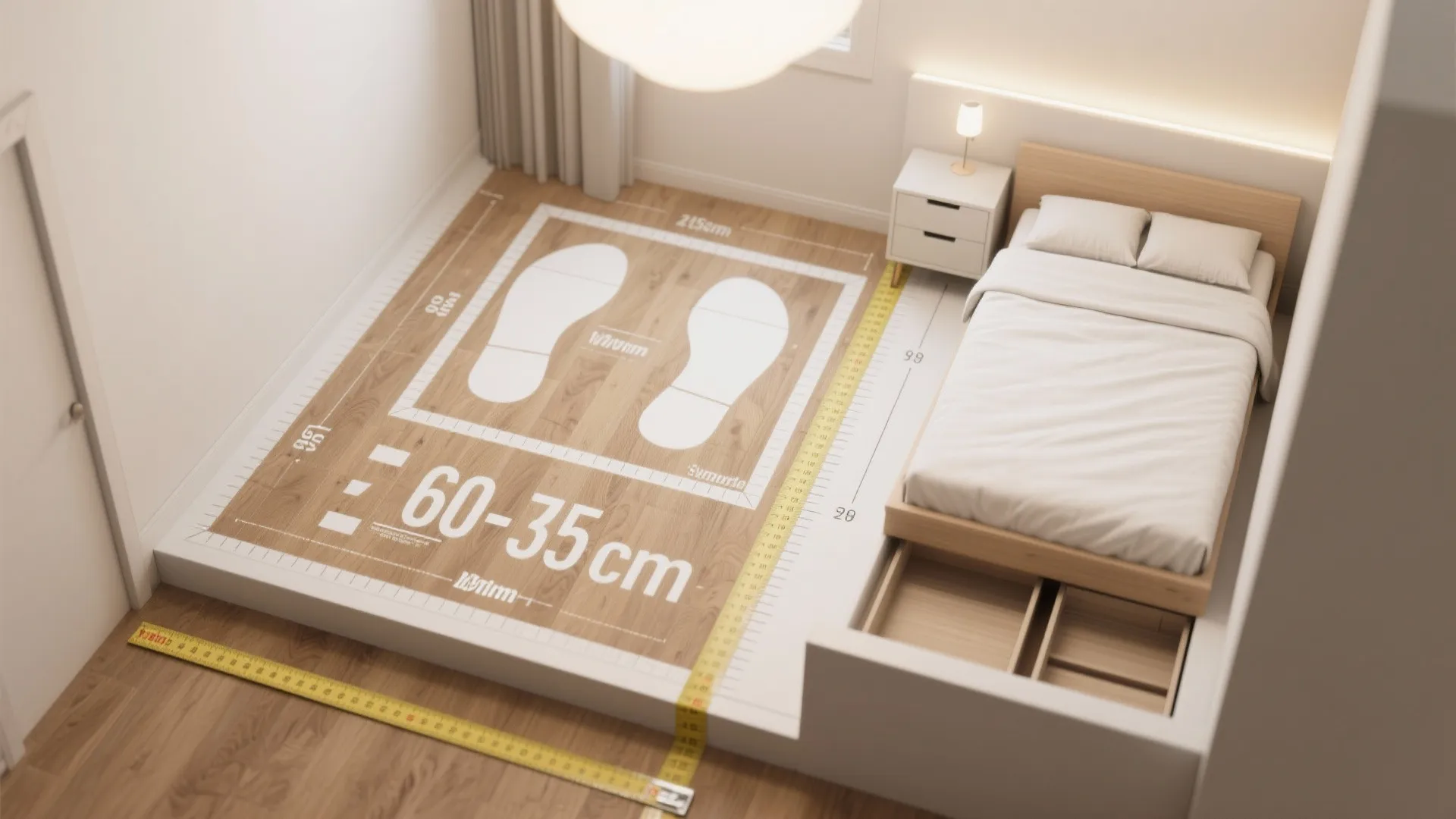 Interior design drawing showing bedroom floor measurements with a bed and wooden floor space planning layout