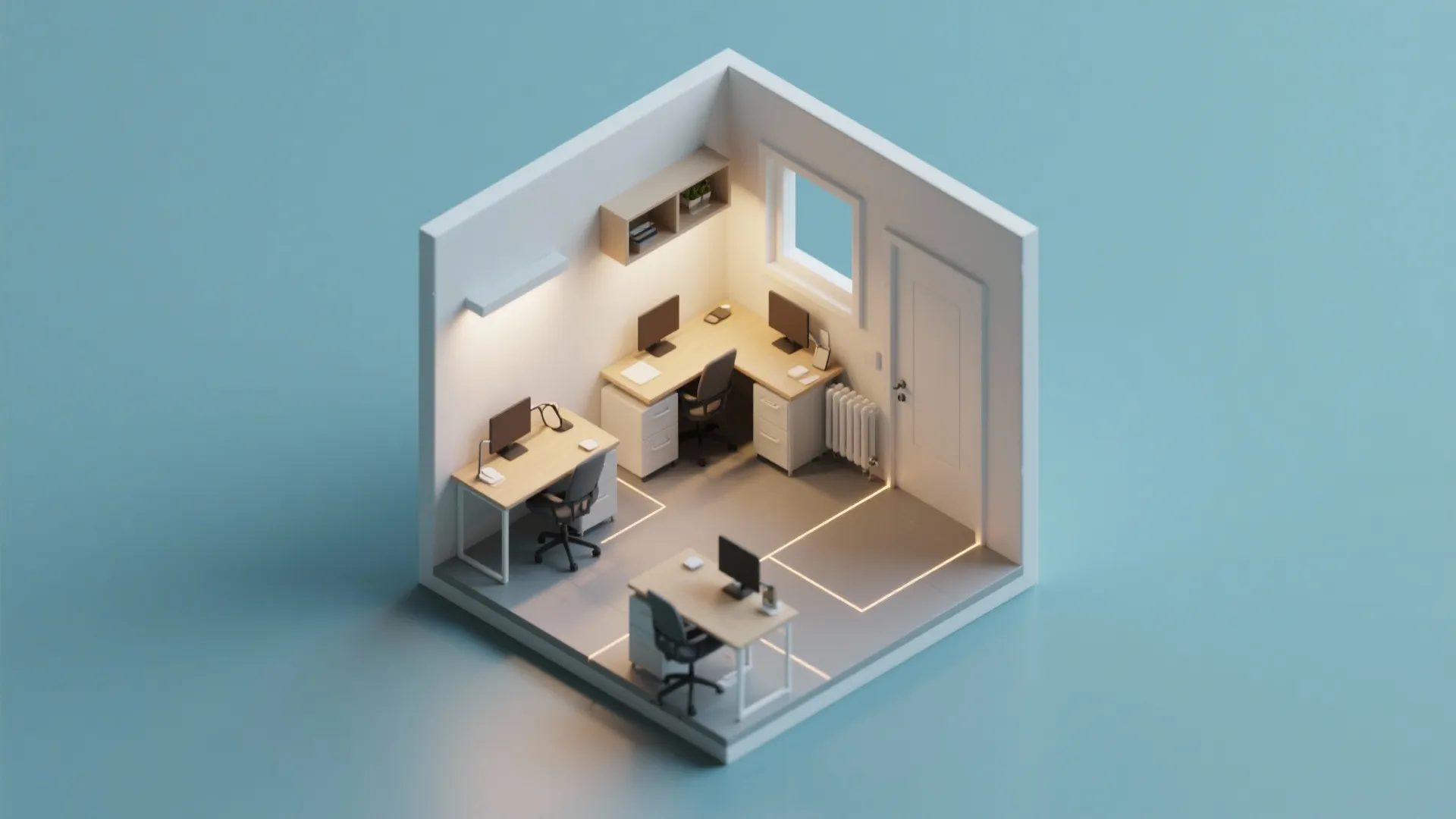 Top-down 3D floorplan mockup showing desk layout options, sightlines, and circulation in a small room.