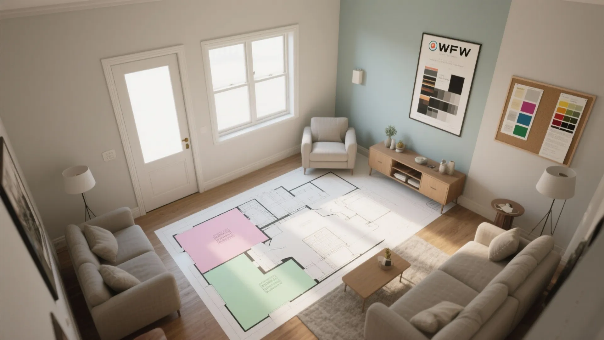 Top-down view of a floor plan overlayed on a room photo with paint zones and furniture placement.