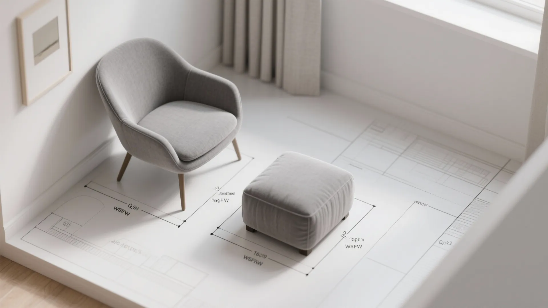 Modern grey chair and footrest placed on a floor plan drawing in a bright room