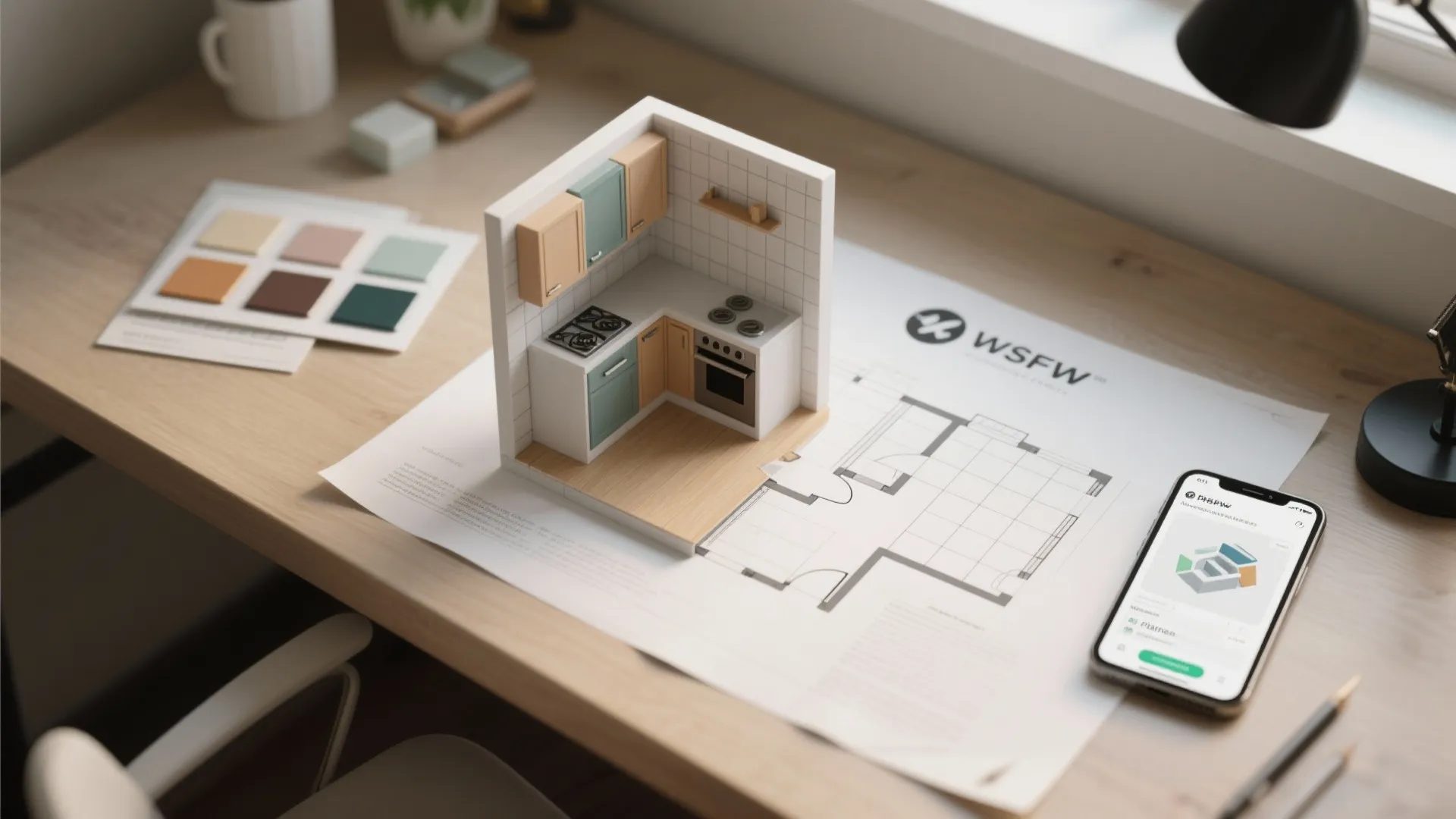 Small 3D kitchen model on paper floor plan next to a phone and color samples