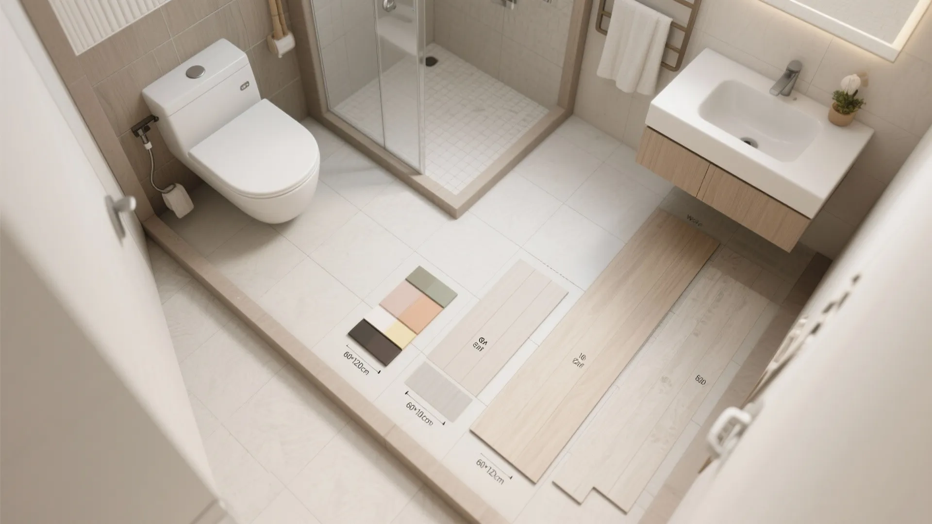 Modern bathroom interior design drawing showing toilet glass shower sink and different wall tile samples