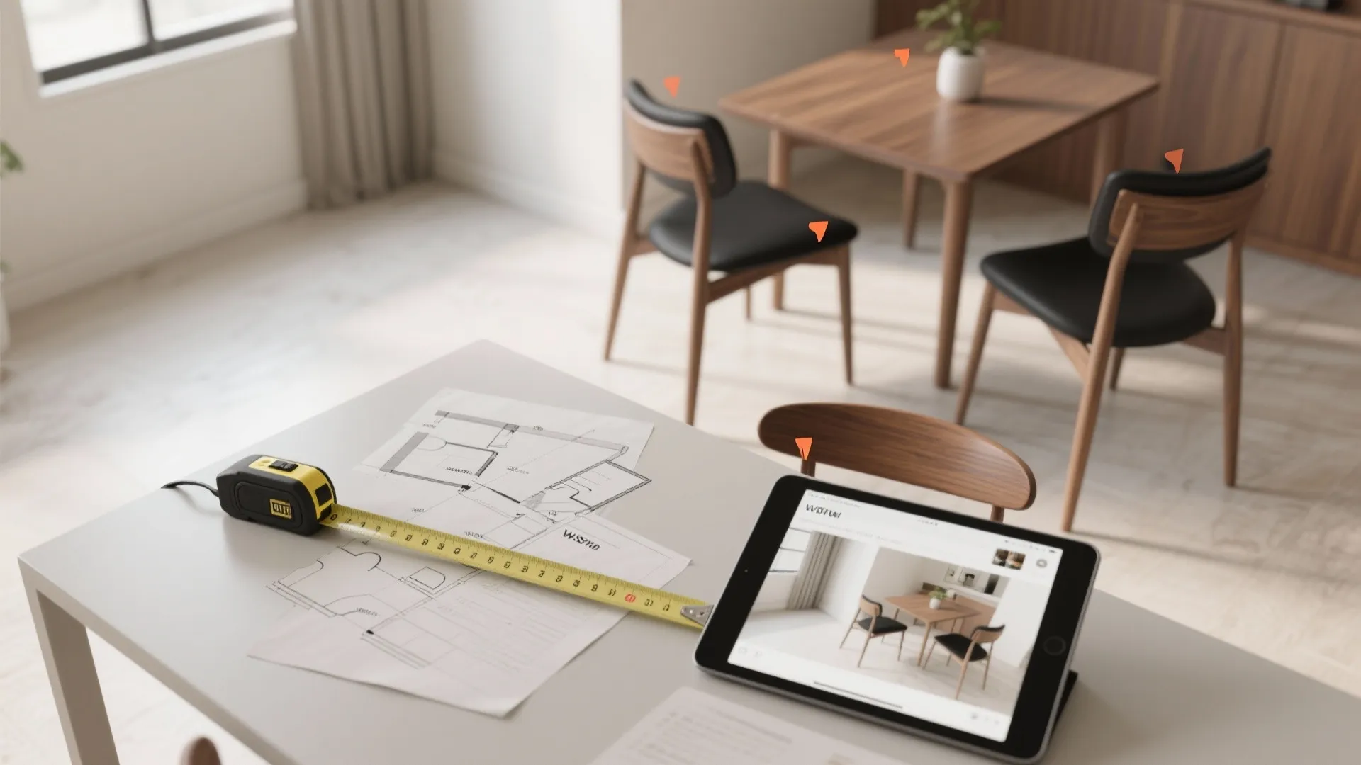 Interior design drawing with tape measure and tablet showing furniture layout in a dining room