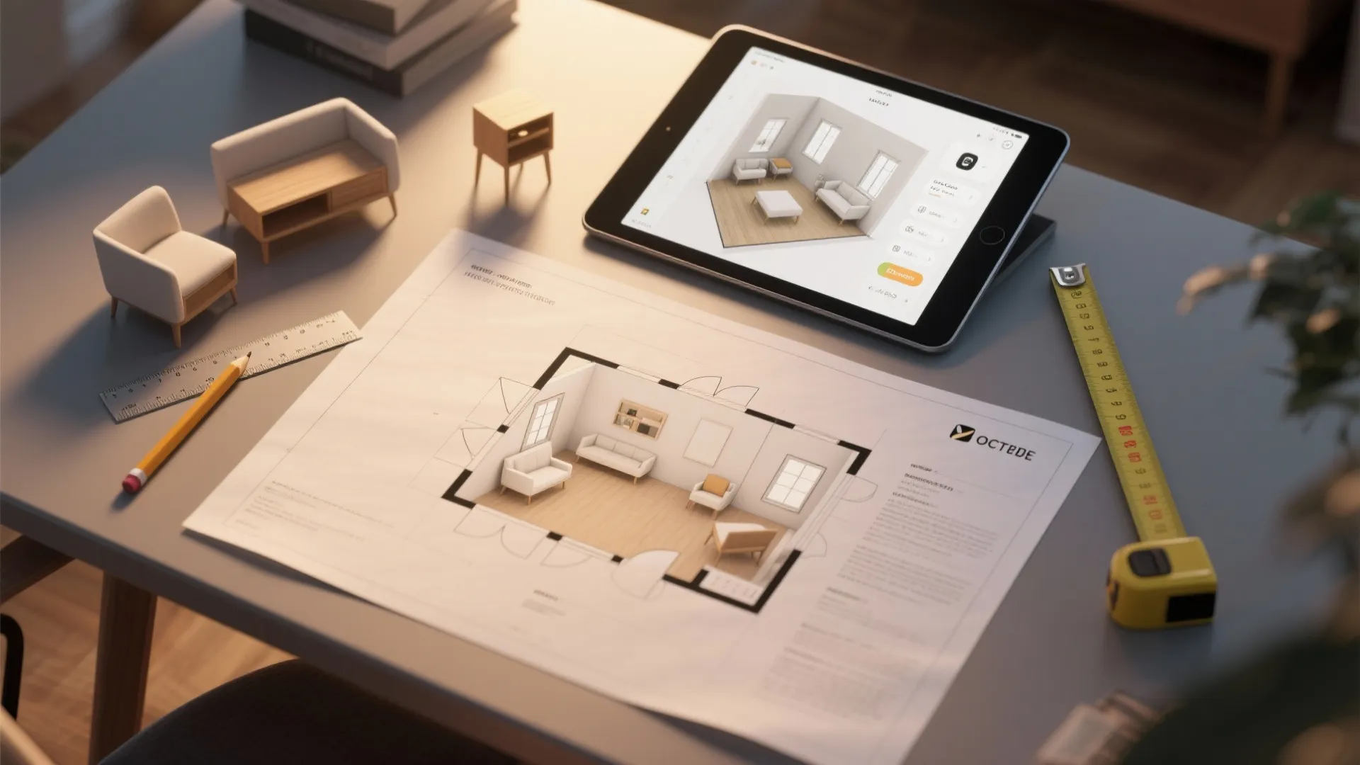 Interior design drawing on paper next to tablet showing 3D room layout with furniture models