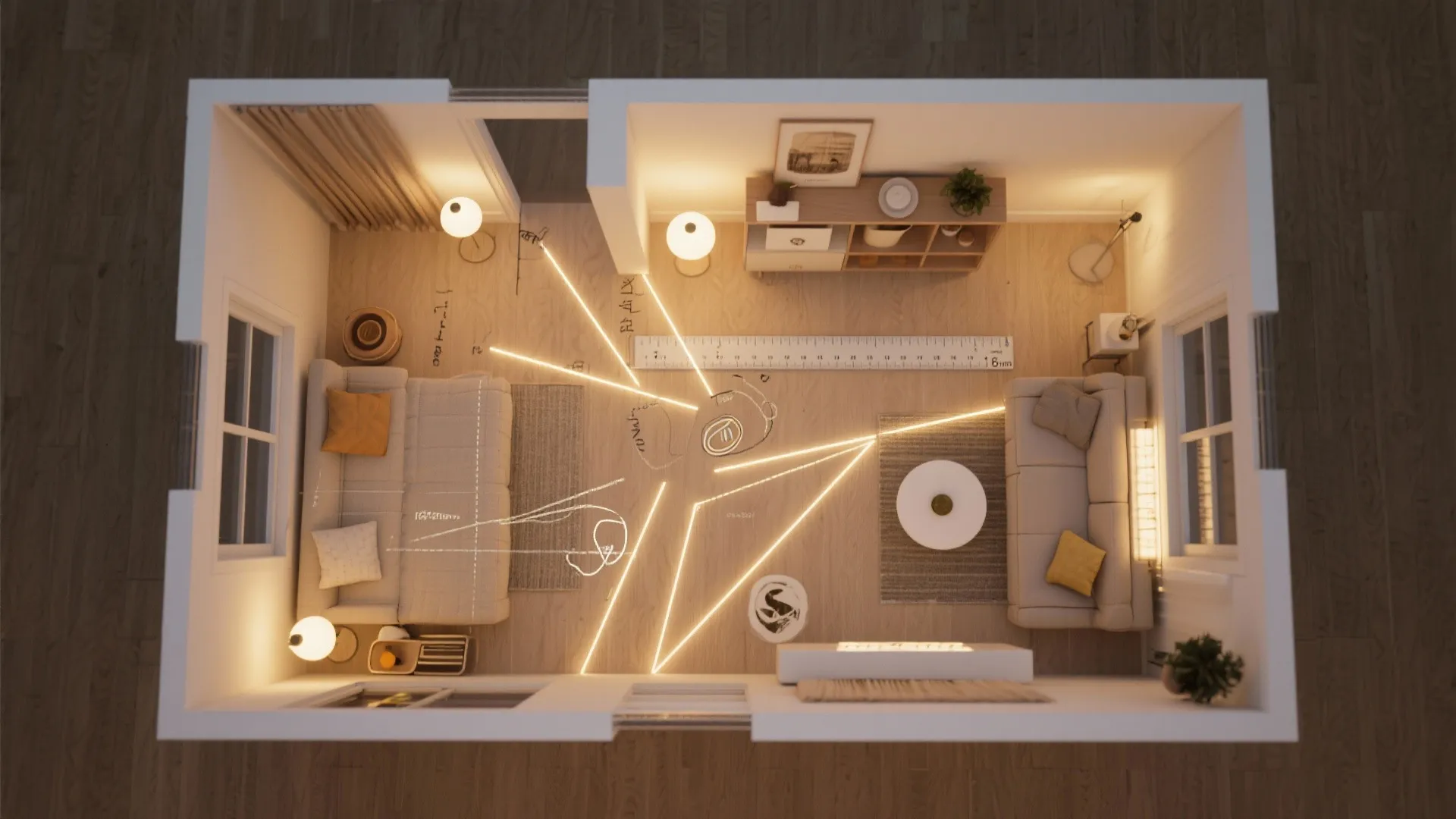 Top-down mockup floor plan showing light paths and placement for a small apartment