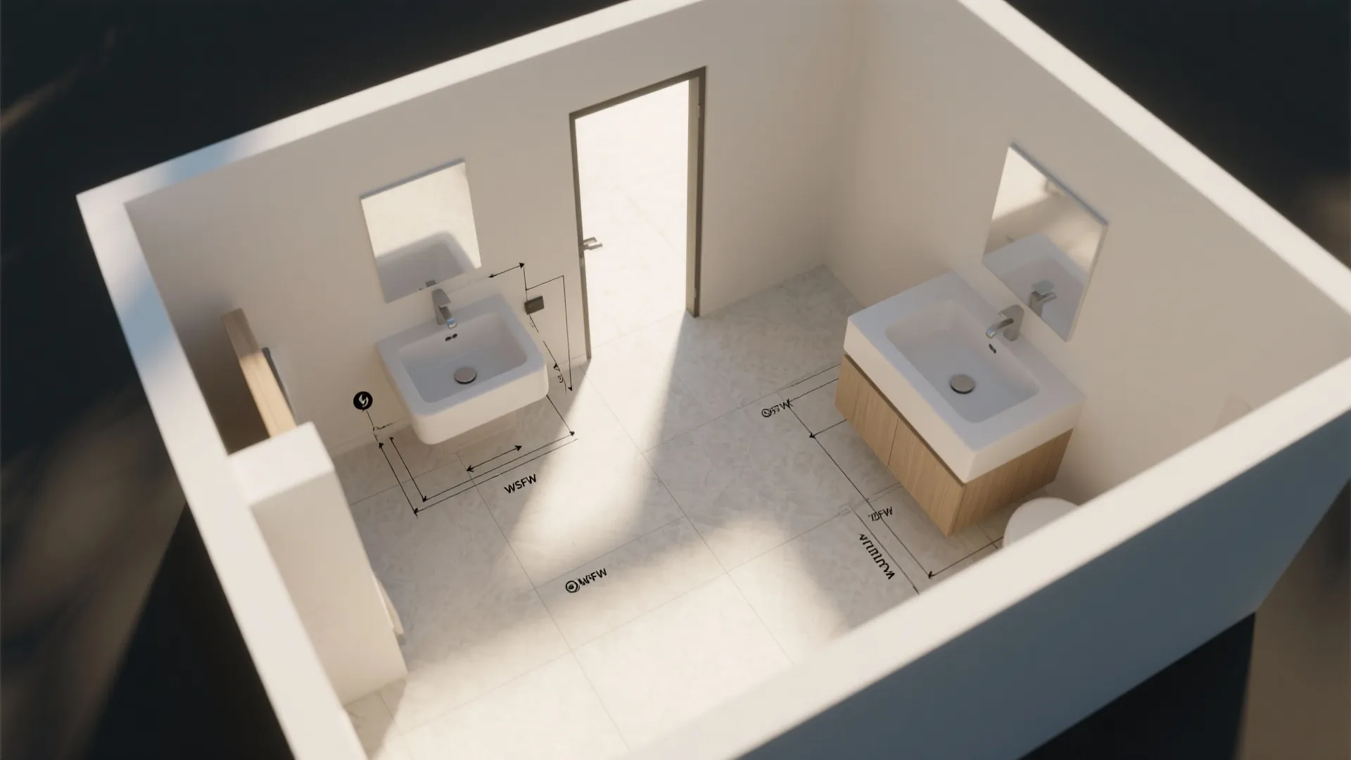 Top-down 3D floorplan mockup illustrating vessel sink clearances and door swing in a small bathroom