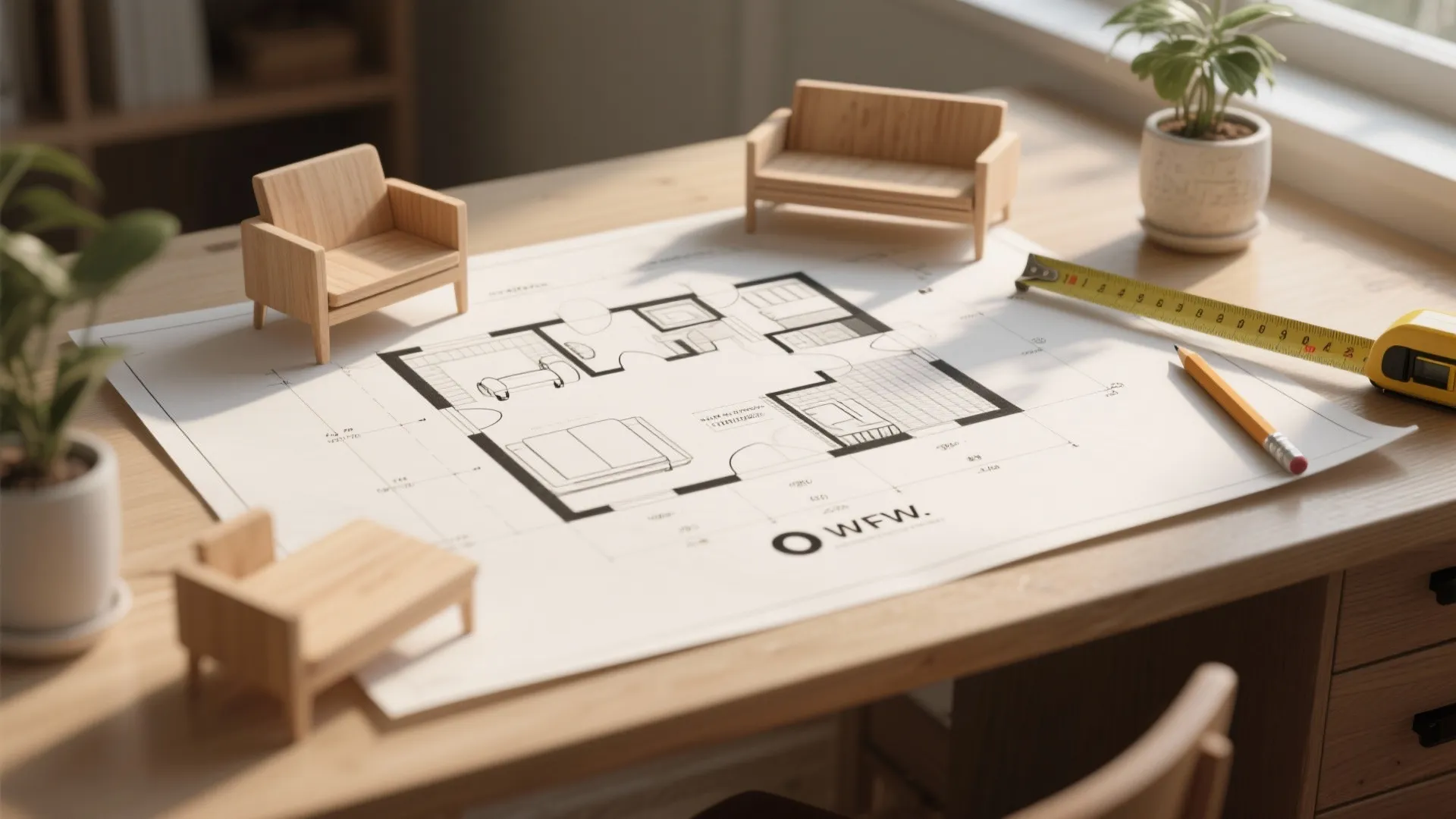 Macro shot of a to-scale floor plan with furniture cut-outs and a tape measure for layout testing.