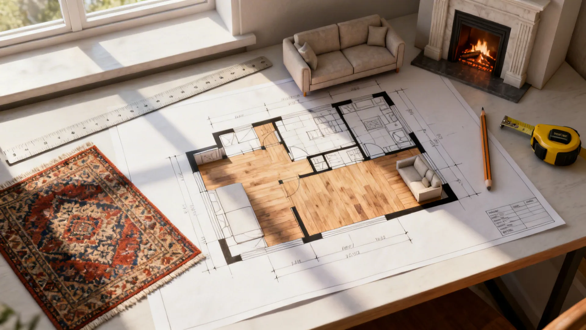 Top-down desk view of quick sketches and a 3D floor-planner mockup for fireplace layouts.