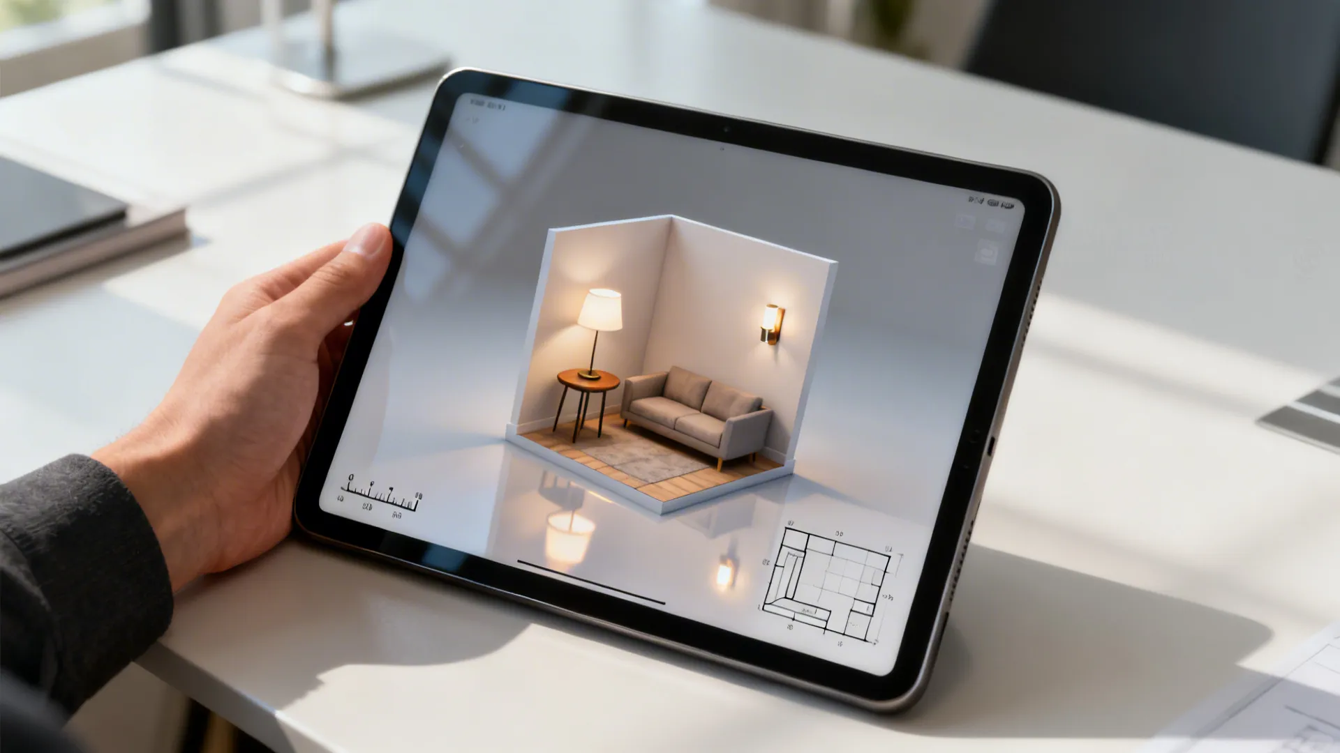 Person holding a tablet displaying a 3D interior design drawing of a small living room layout