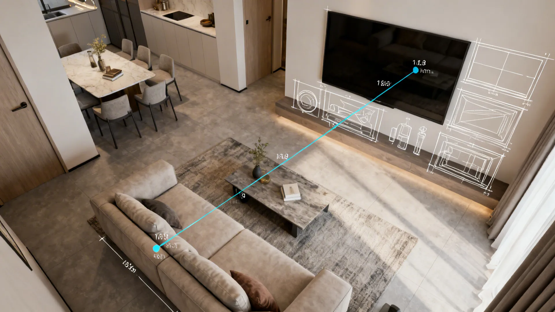 Top-down mockup of a small living room floor plan showing TV placement and sightlines