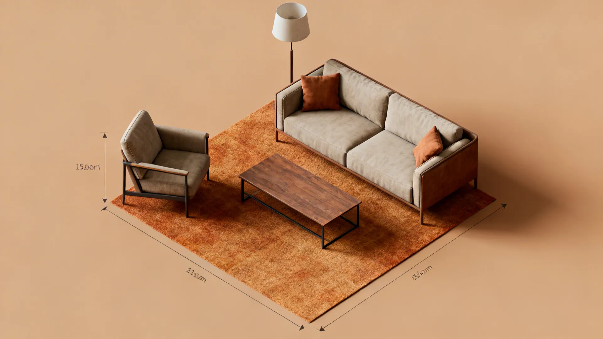 Top-down mock-up floor plan of a small living room showing furniture placement and scale.