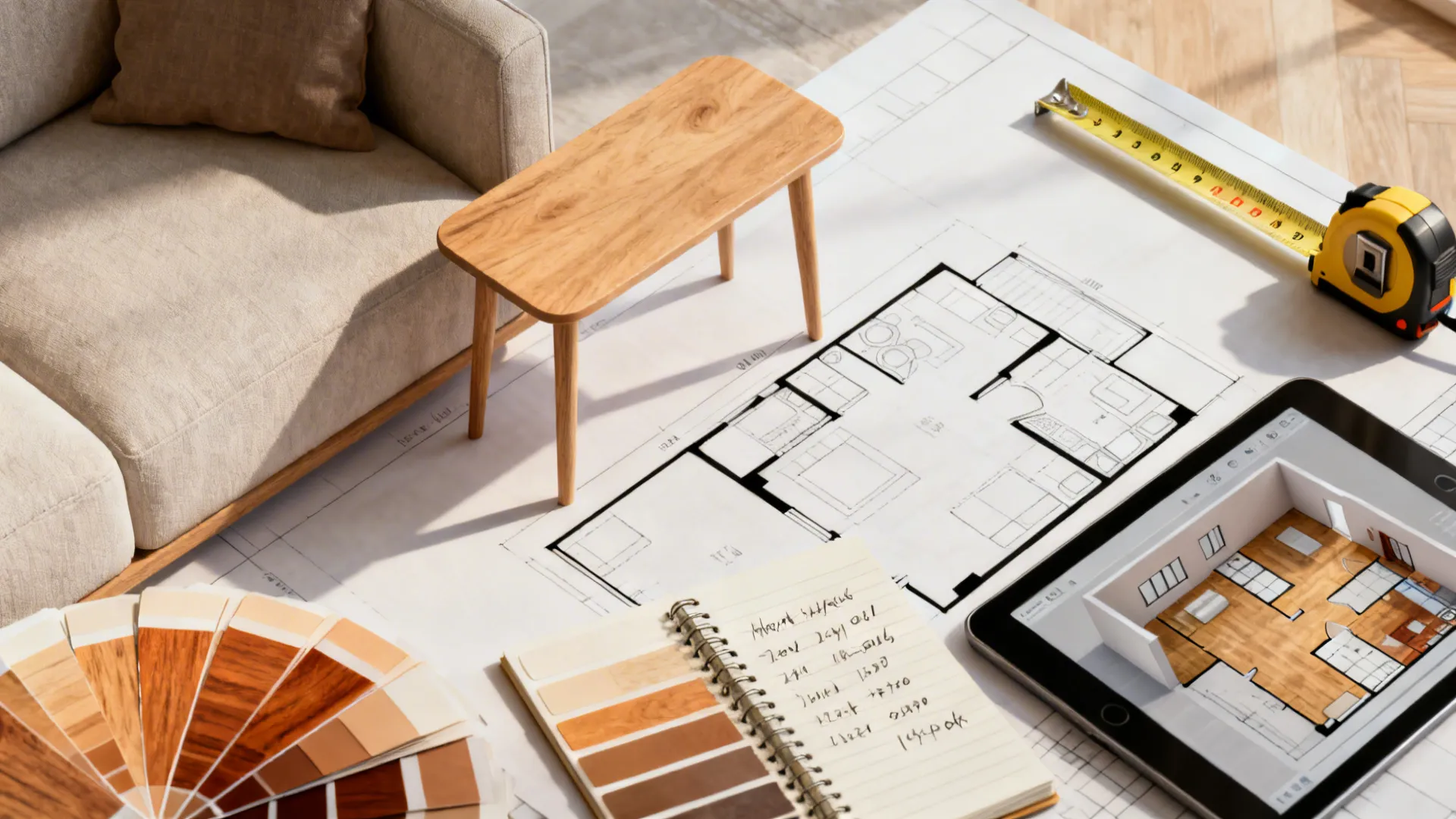 Interior design workspace featuring floor plan drawings a tablet with 3D model and measuring tape