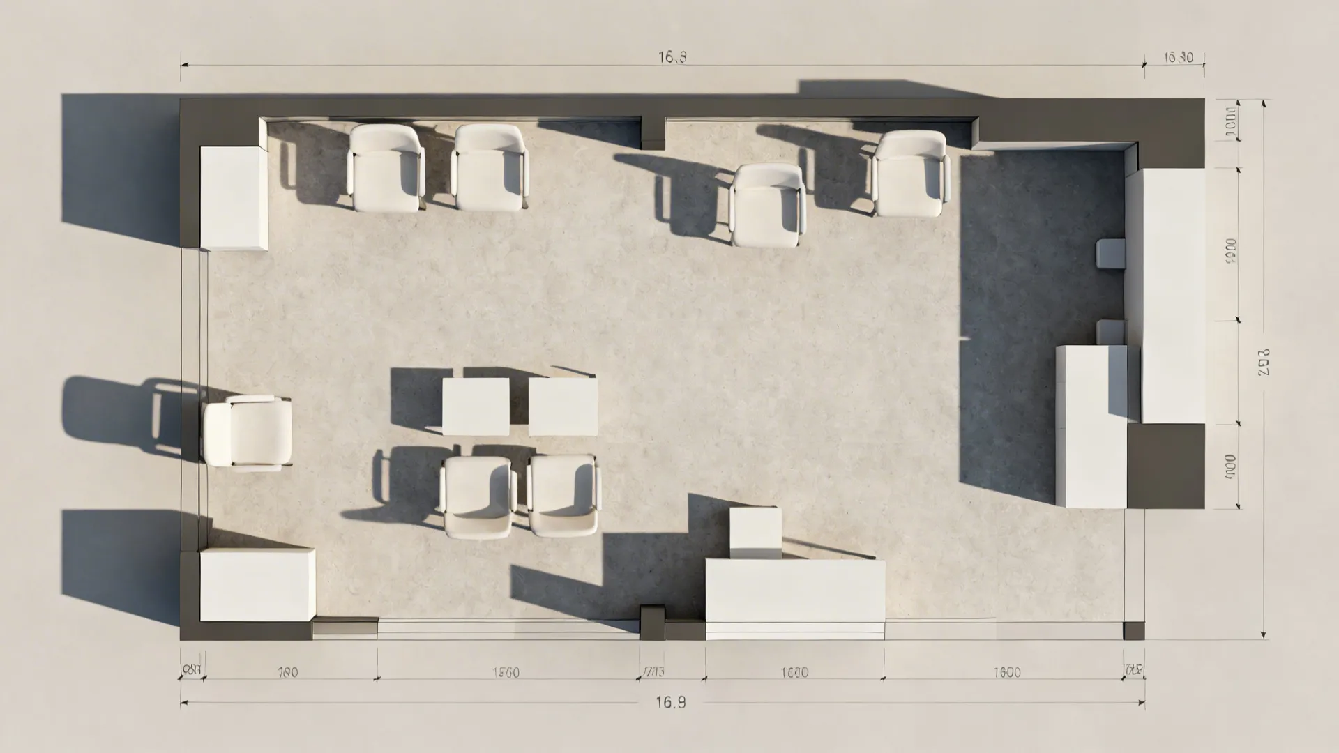 Top-down floor plan mockup showing accent chair placement and circulation clearances