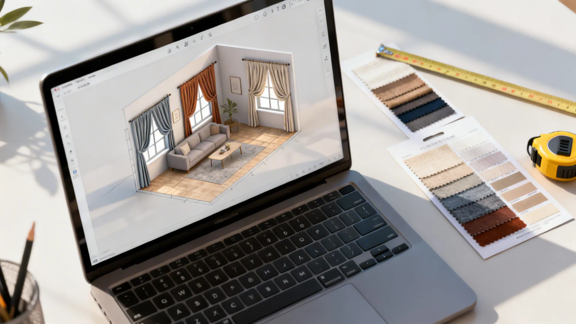 Top-down view of a 3D floor planner mockup showing swag curtain options on a laptop