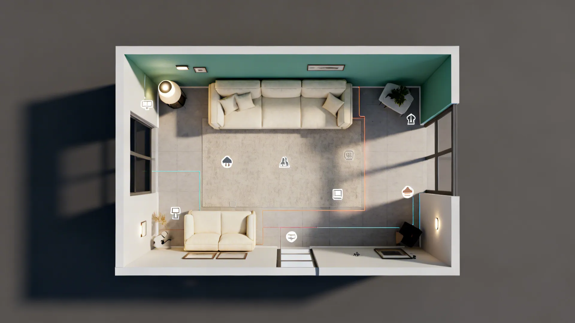 Top-down 3D floor plan mockup showing sage accent wall option, cream furniture, and lighting zones for a small living room.