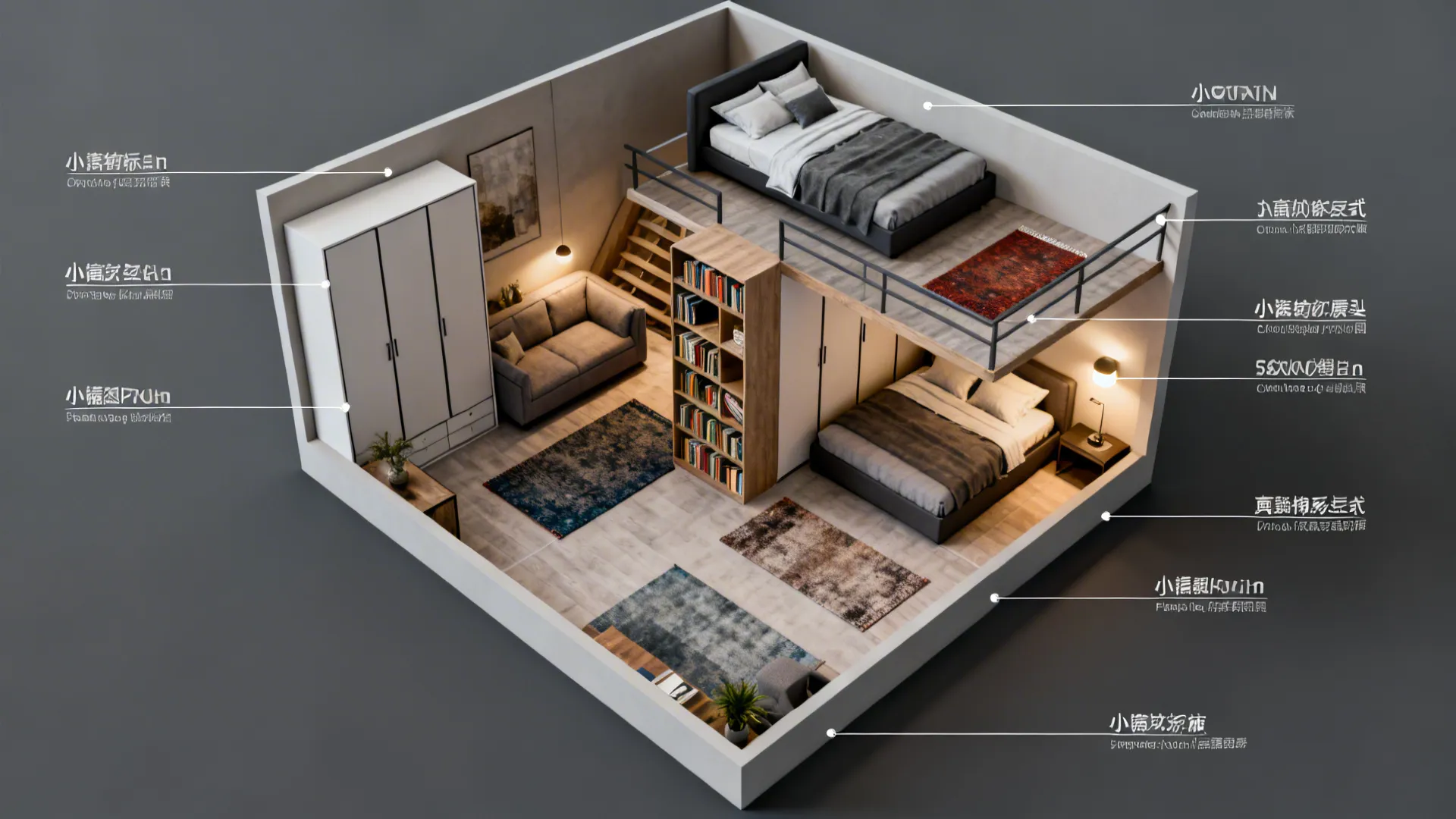 Top-down floor plan mockup showing furniture layout options for a living-room and bedroom hybrid.