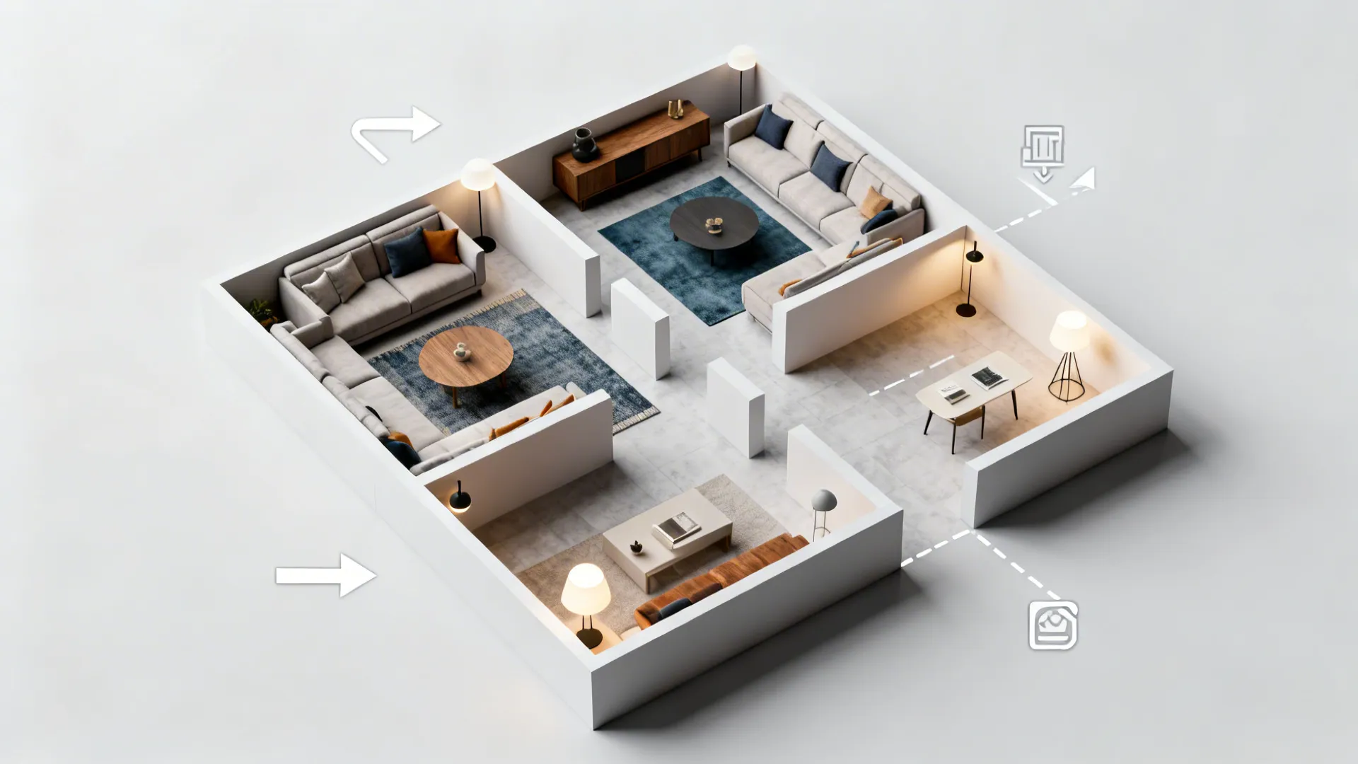 Top-down 3D floor plan mockup showing zoning and circulation for living room and den.