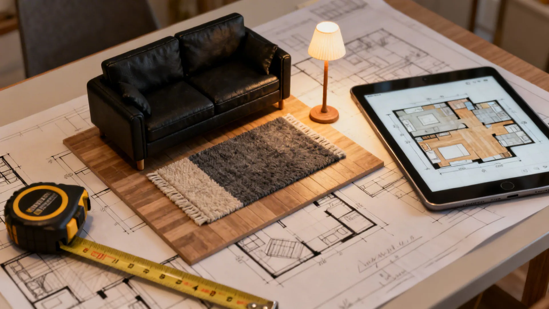 Top-down mockup of a small living room layout with a black sofa model and a tablet showing a 3D planner.