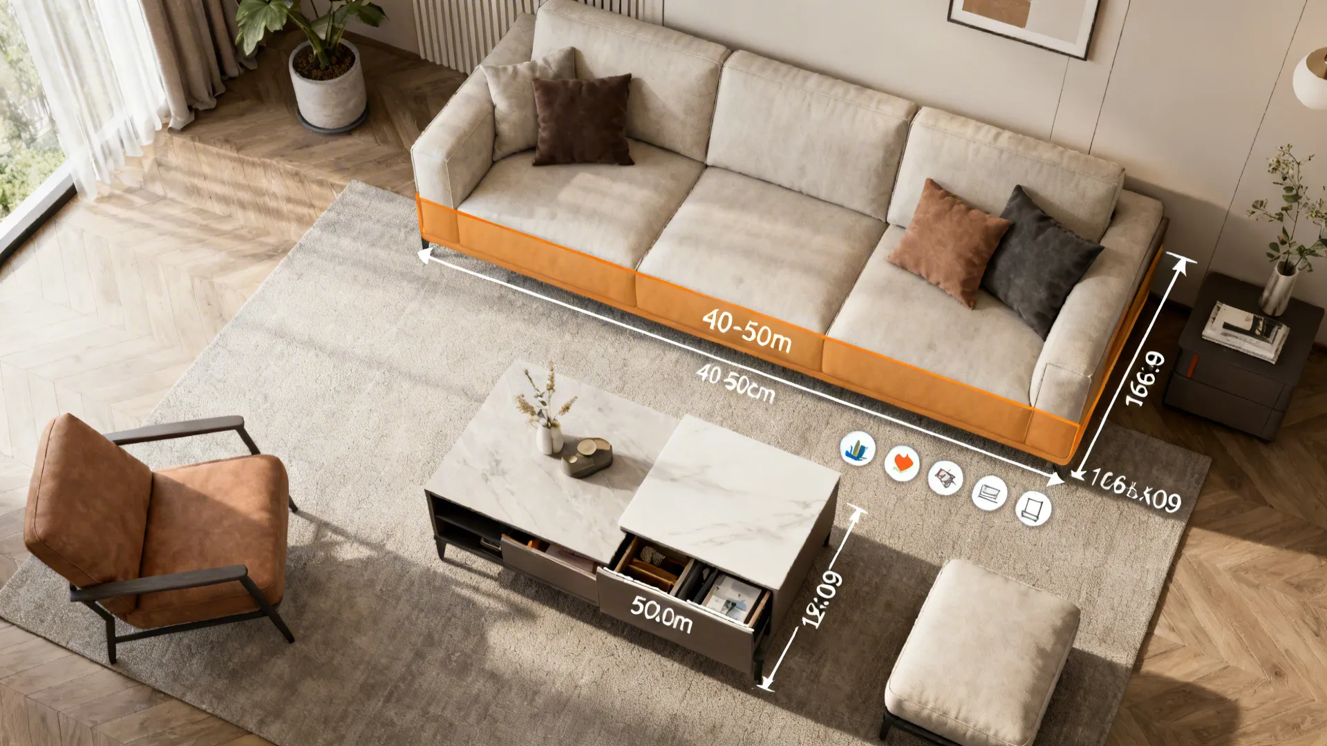 Interior design drawing showing room layout with sofa chair coffee table and dimension measurement labels