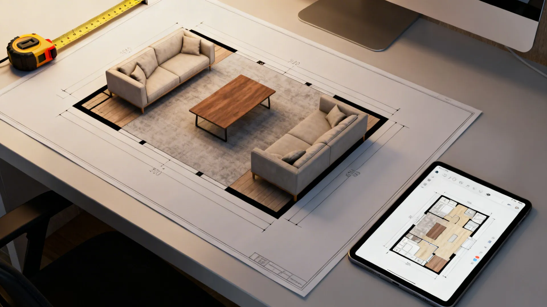Top-down desk scene with a printed floor plan, tape measure and tablet showing a room planner.