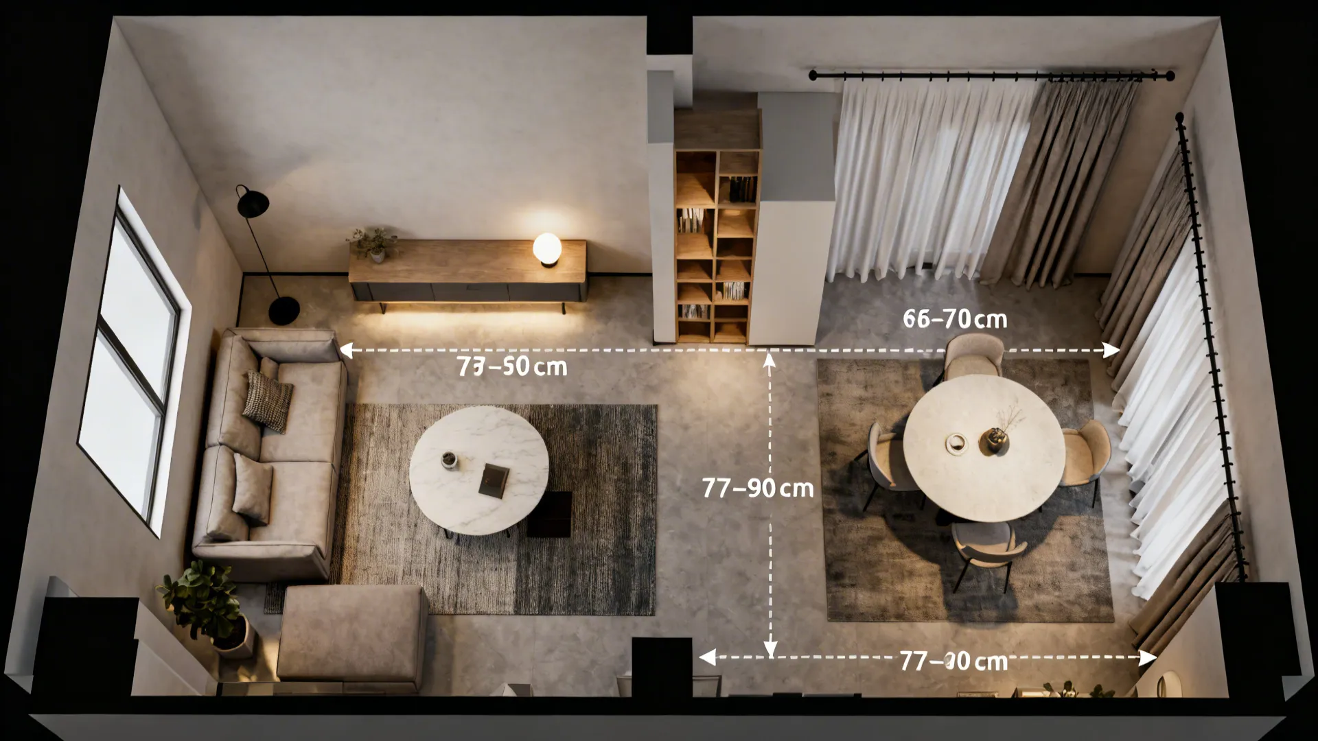 Top-down floor plan mockup showing furniture placement and recommended 75–90 cm clearances for open-plan zoning.