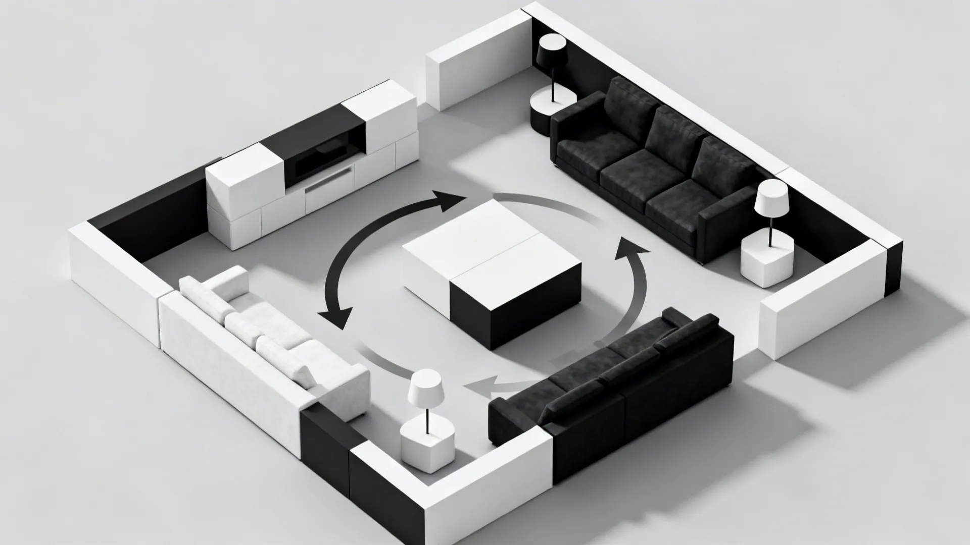 Top-down 3D floor-planner mockup showing furniture layout and circulation for a small black-and-white living room.