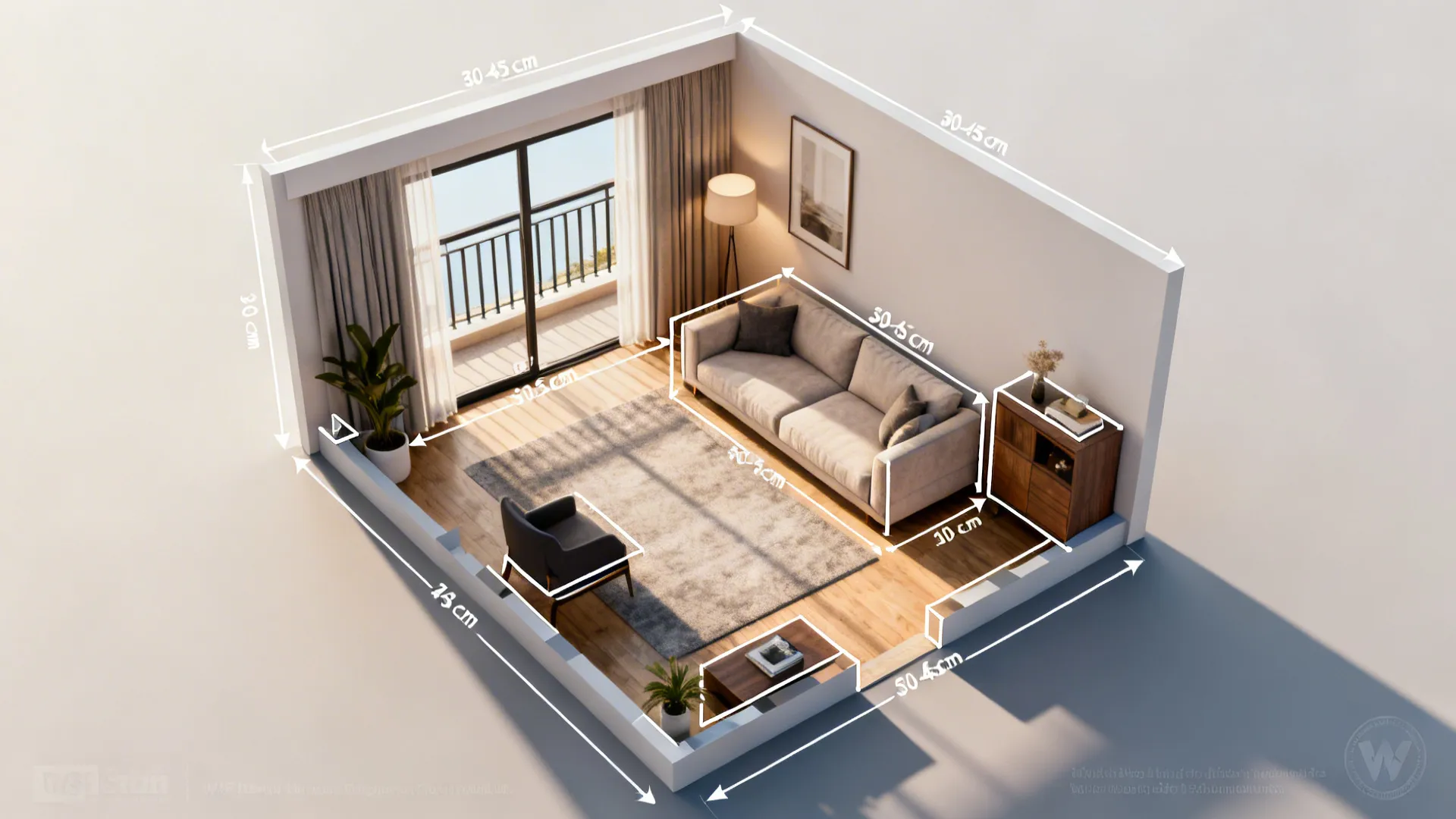 Top-down room planner mock-up showing sofa positions and 30–45 cm circulation clearances in a small living room.