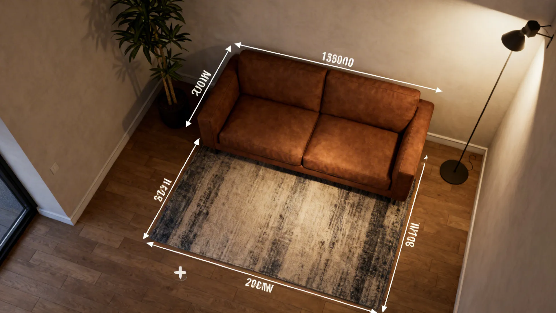 Top-down 2D mockup of a small living room with brown couch and rug placement guides.