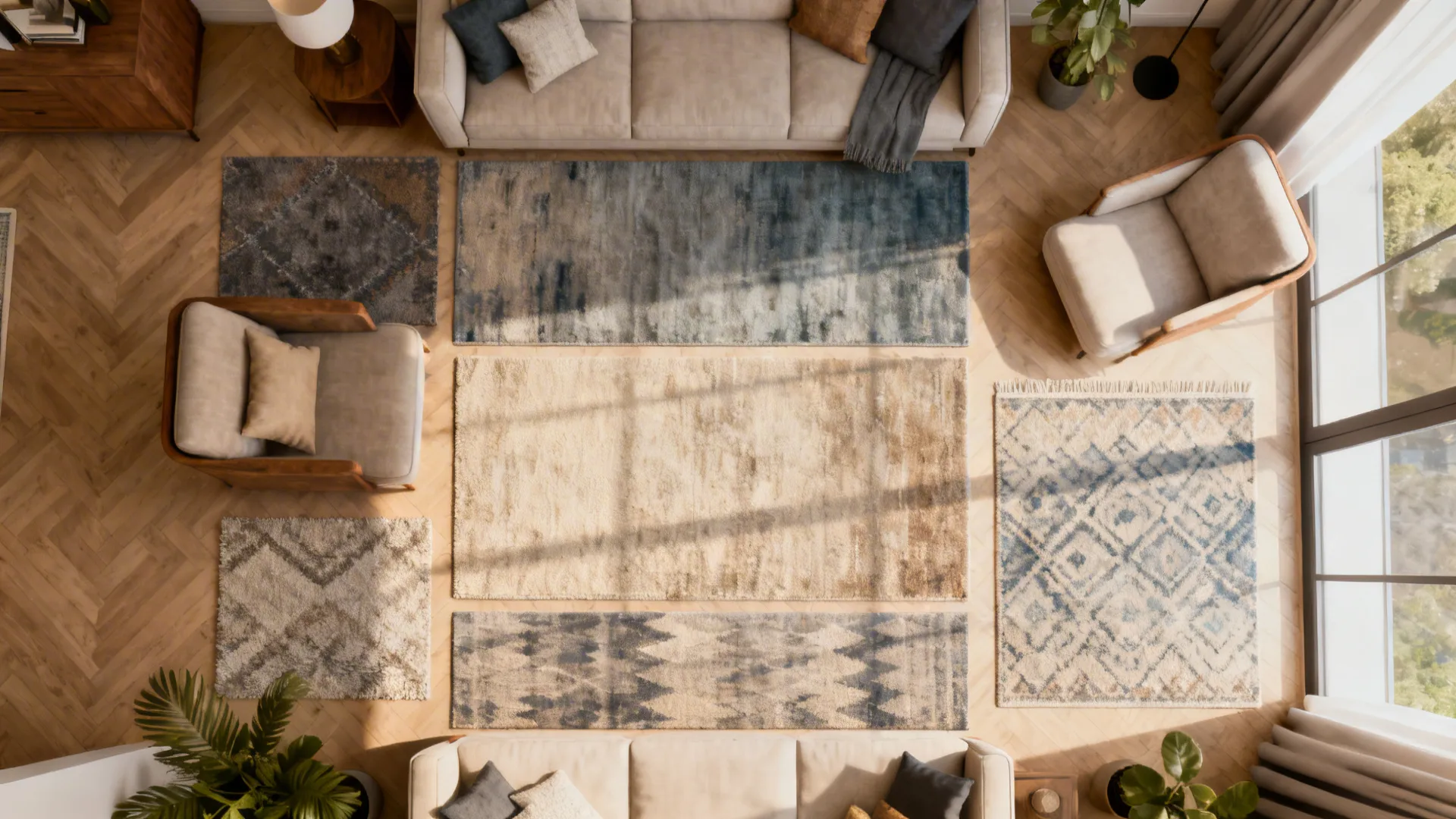 Top-down room planner mockup showing different rug sizes and placements.