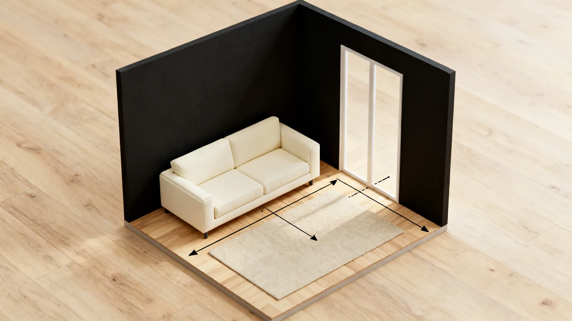 Top-down mockup floor plan showing black accent wall and cream furniture layout for a small living room