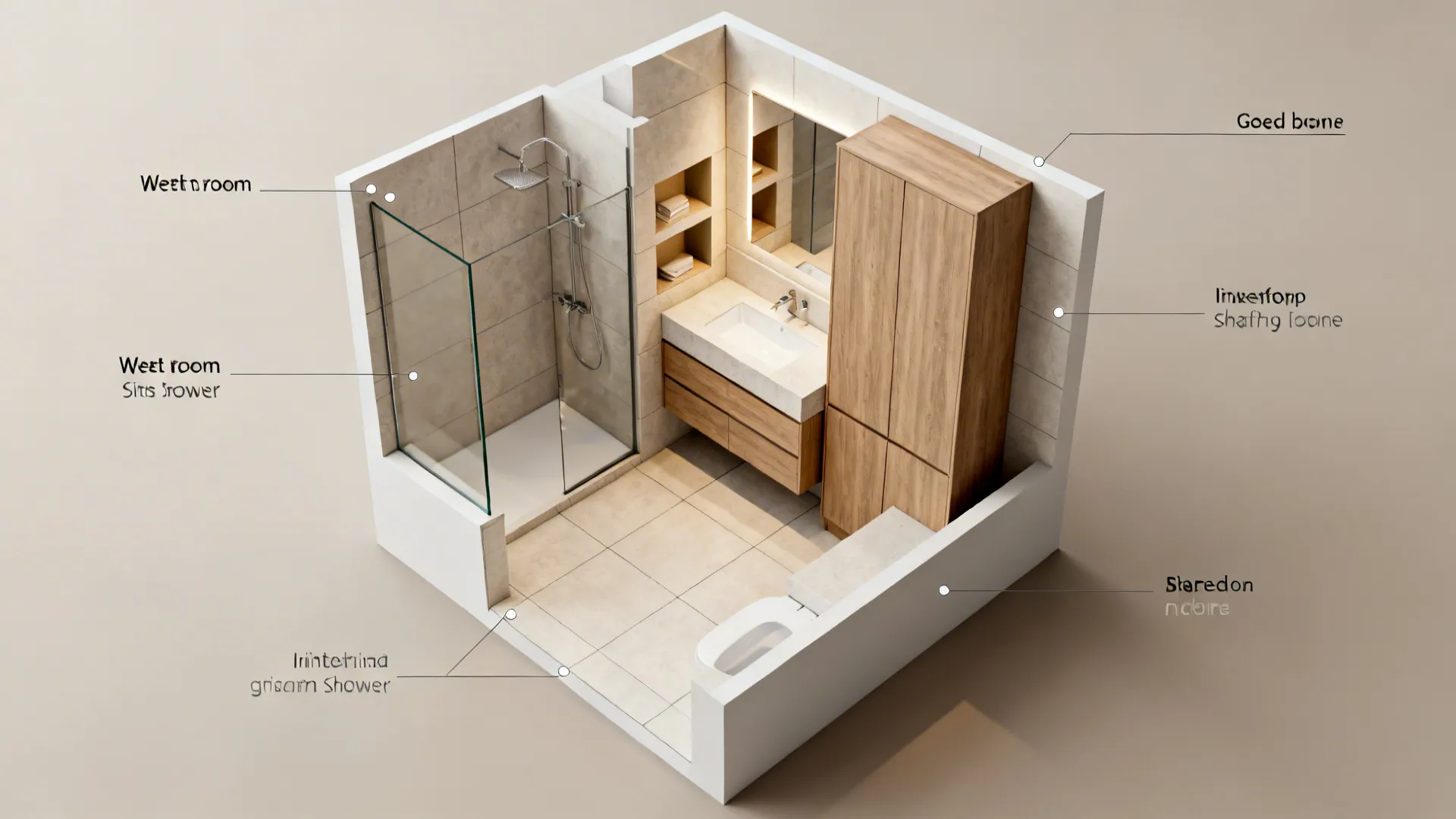 Top-down 3D mockup of a compact bathroom layout showing shower, vanity and storage zones.