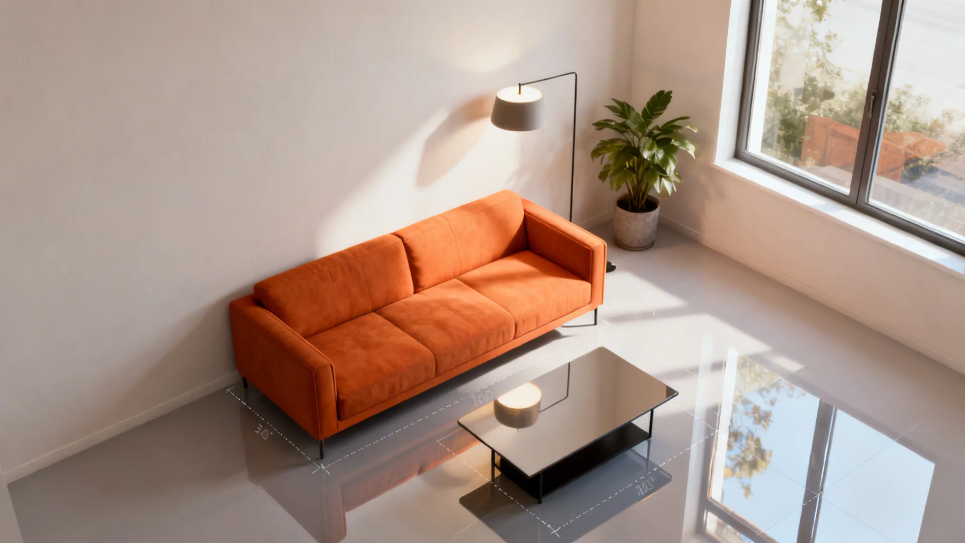 Top-down floorplan mockup showing furniture layout for a small living room with an orange sofa.