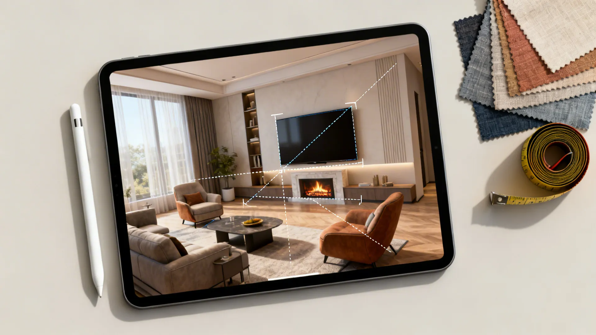 Top-down 3D floor plan mockup on a tablet showing sightlines and furniture placement.